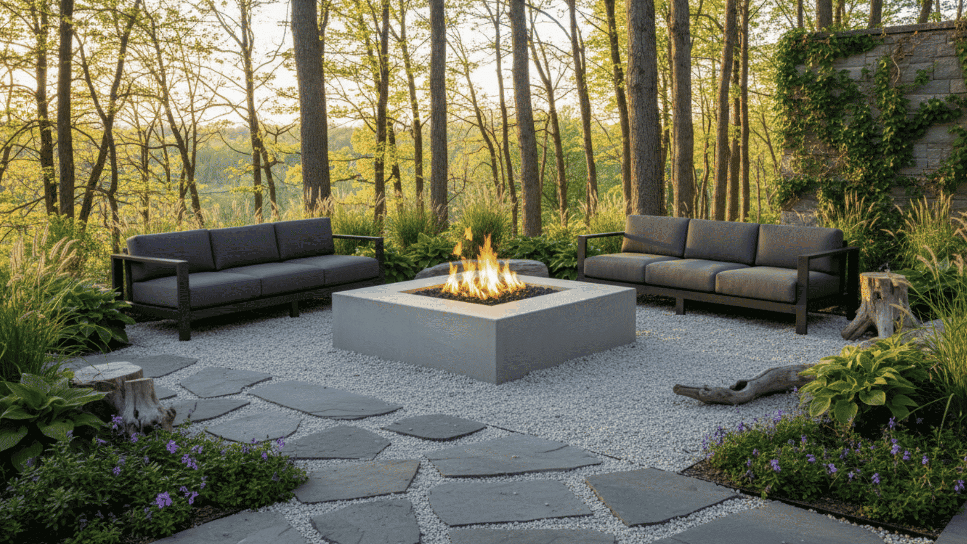 a serene outdoor patio with a square fire pit between two gray cushioned sofas surrounded by trees and greenery
