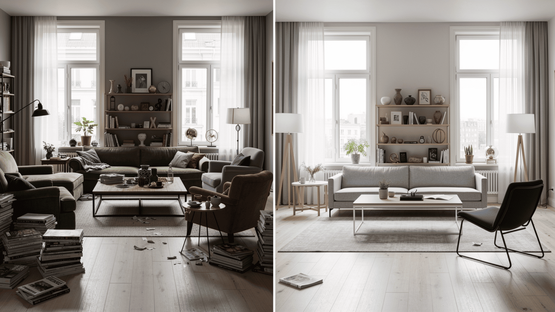 a side by side comparison of the same living room overcrowded with dark furniture and clutter on the left versus pared back to a clean light grey sofa and minimal furniture on the right