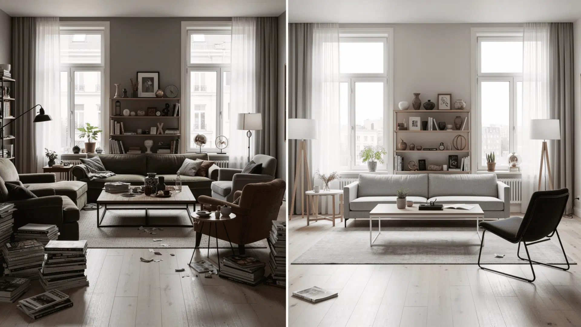 a side by side comparison of the same living room overcrowded with dark furniture and clutter on the left versus pared back to a clean light grey sofa and minimal furniture on the right