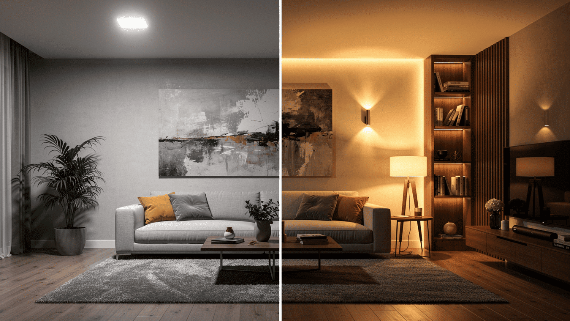 a side by side comparison of tow types of living rooms depicting difference in appearance due to lighting