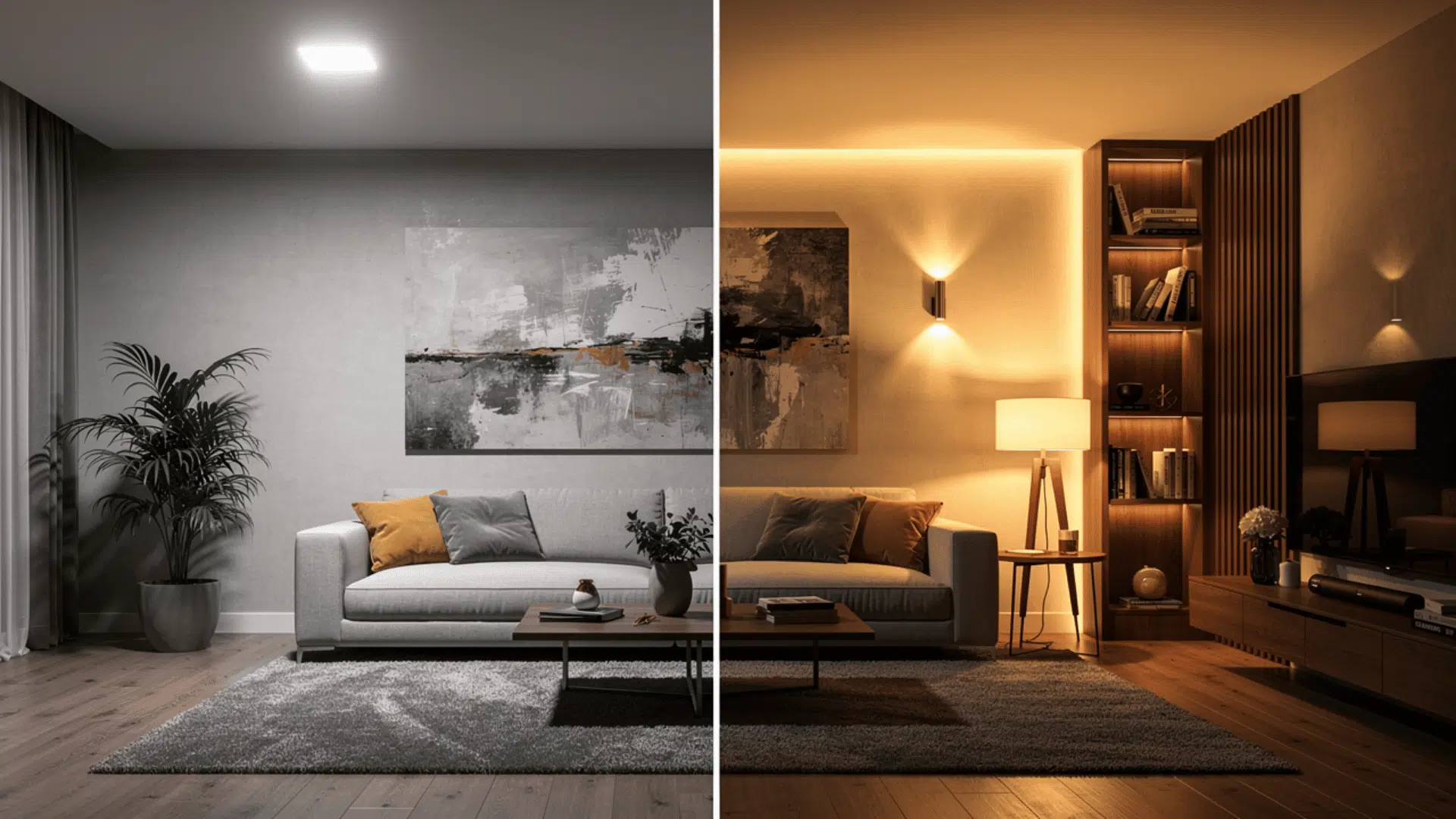 a side by side comparison of tow types of living rooms depicting difference in appearance due to lighting