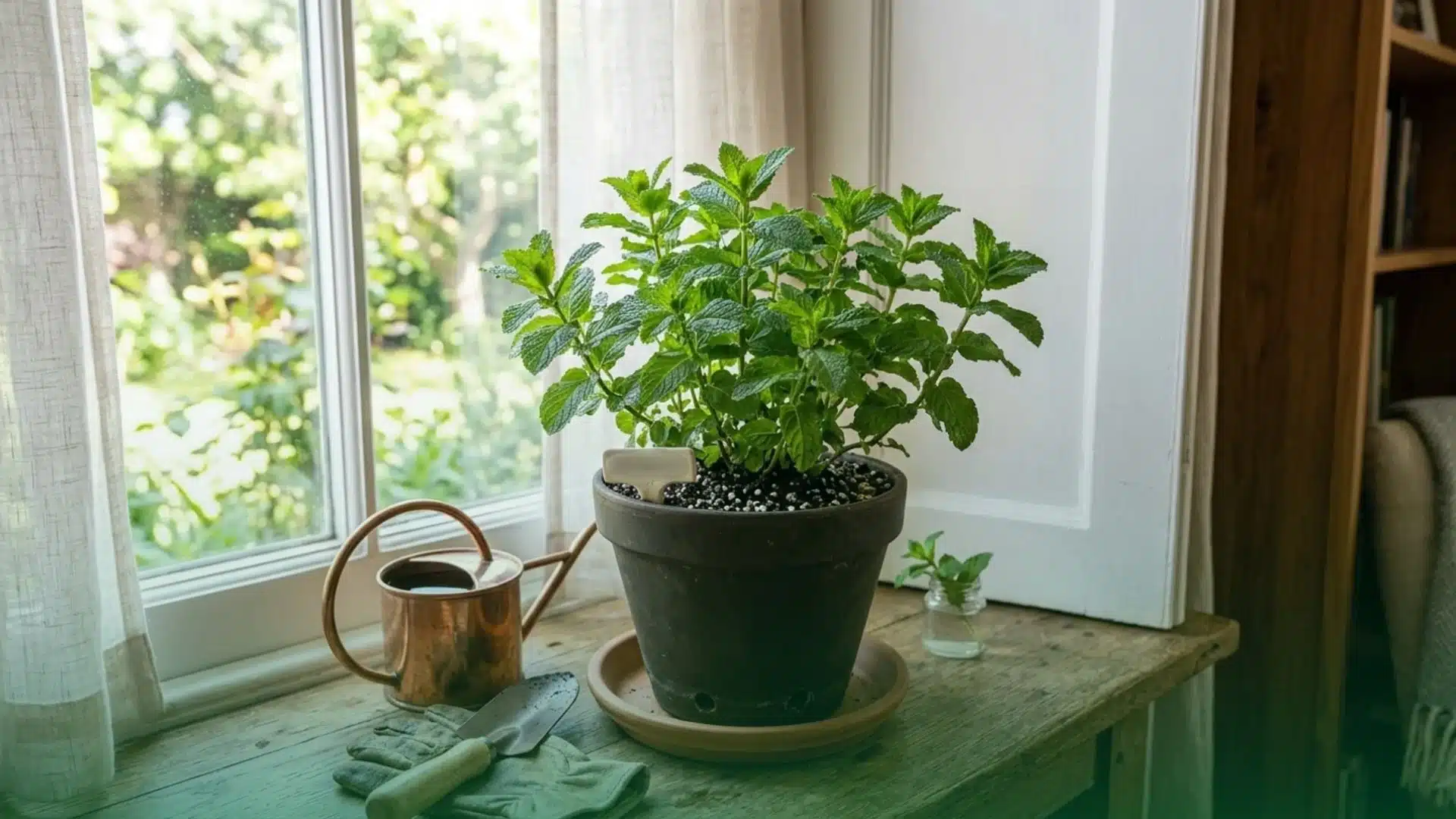 healthy potted mint plant on a wooden windowsill with a copper watering can and gardening tools nearby