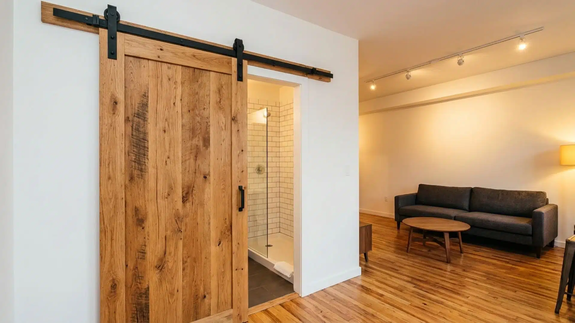 Rustic wooden sliding barn door saving floor space between bathroom and living room in modern apartment
