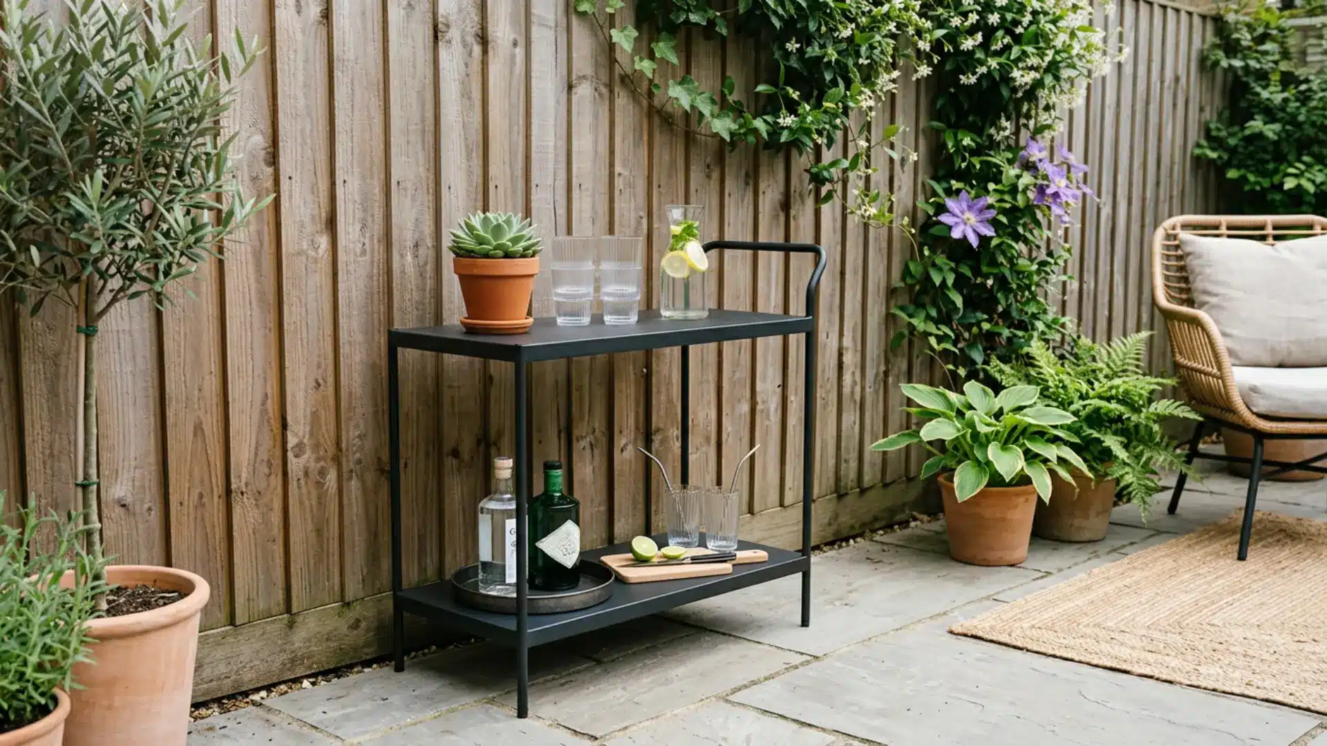 a slim matte black bar cart against a timber fence holding glasses a succulent and drinks bottles on a small stone patio with terracotta pots climbing ivy and a rattan chair beside a jute rug
