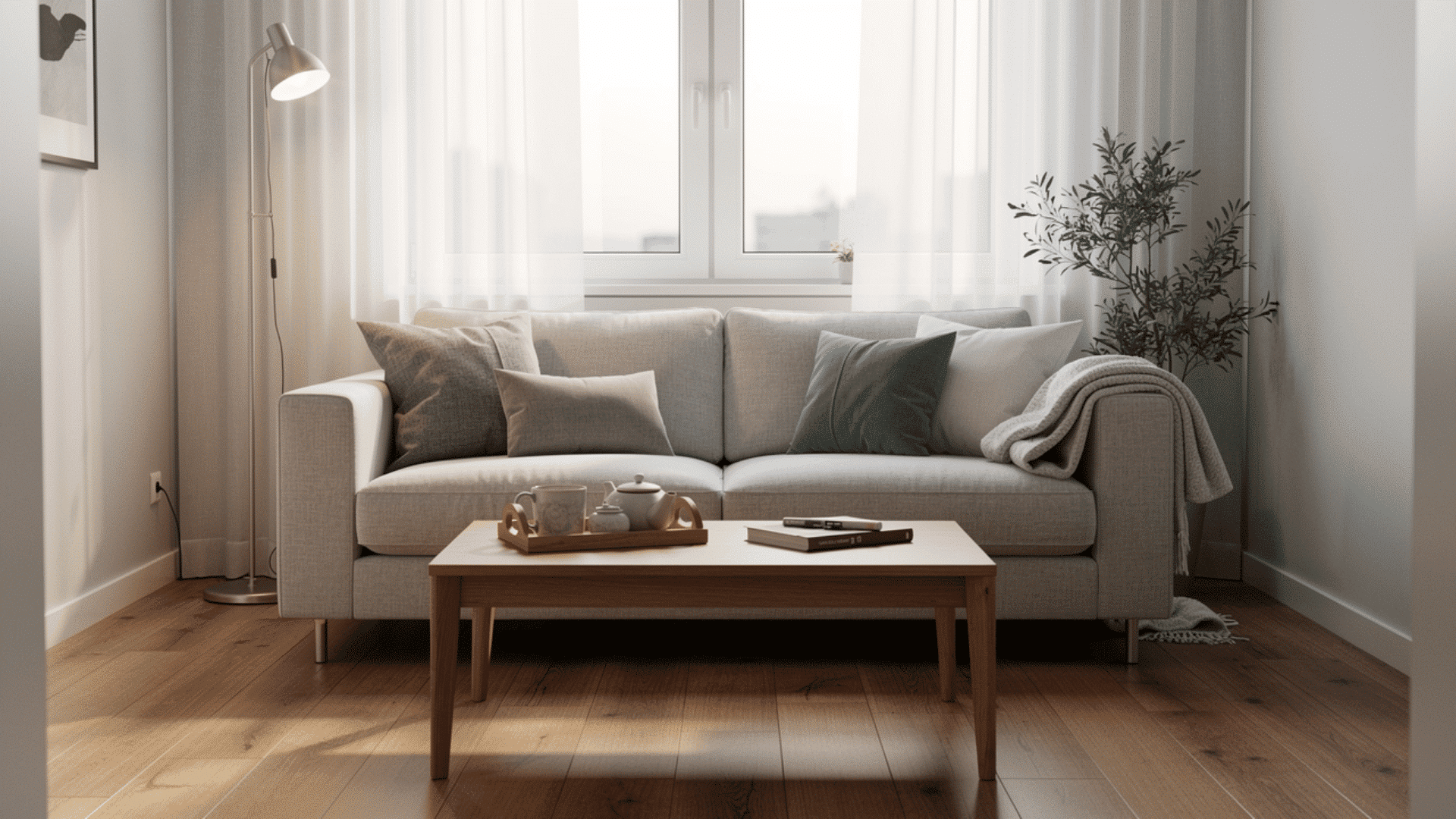 a small apartment living room with a sofa facing natural light from a window a coffee tray within reach and a clear walking path