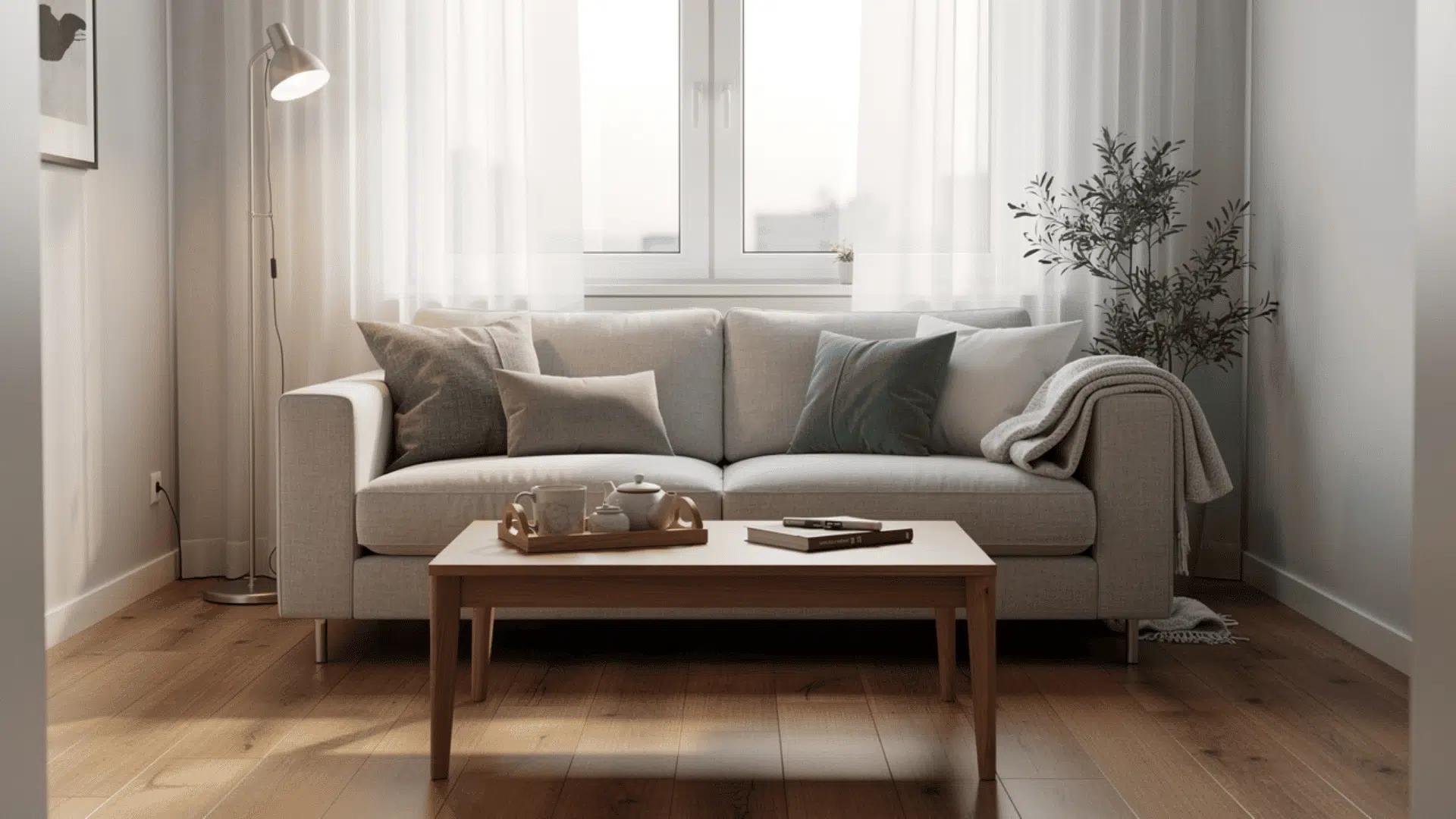 a small apartment living room with a sofa facing natural light from a window a coffee tray within reach and a clear walking path