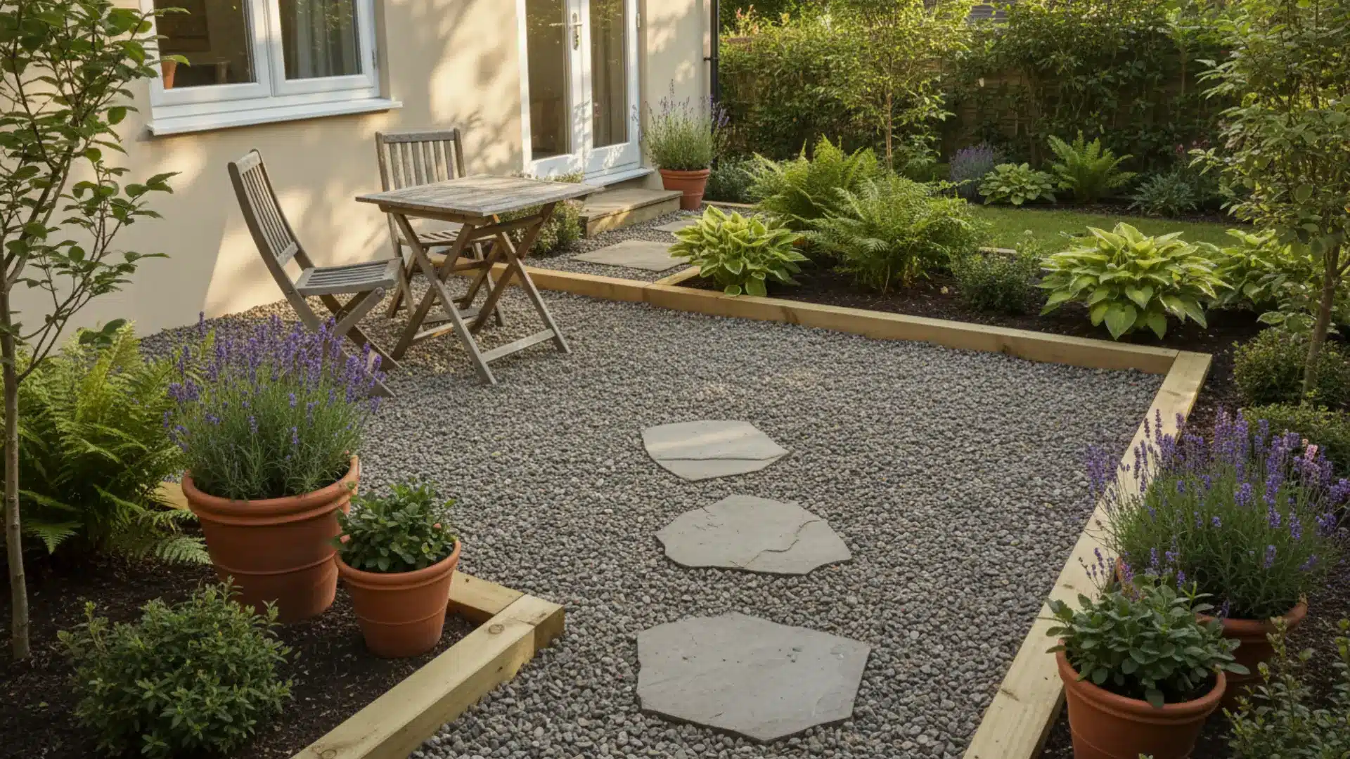 a small backyard patio covered in pea gravel with a timber border flat stepping stones a wooden chair and potted plants along the edges in soft natural daylight