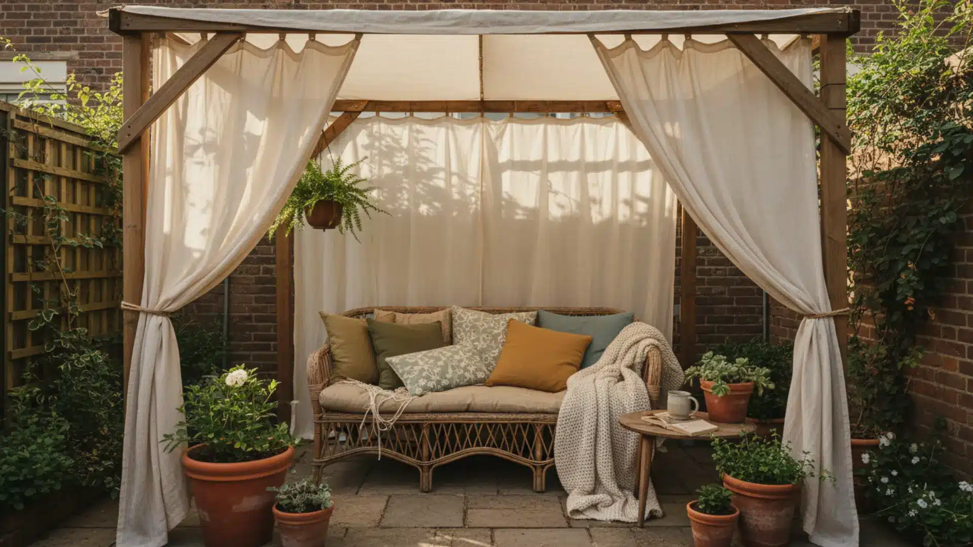 _ a small backyard patio enclosed by a white canopy tent with linen curtains tied back letting in warm afternoon light with cozy cushioned furniture and potted plants around the base