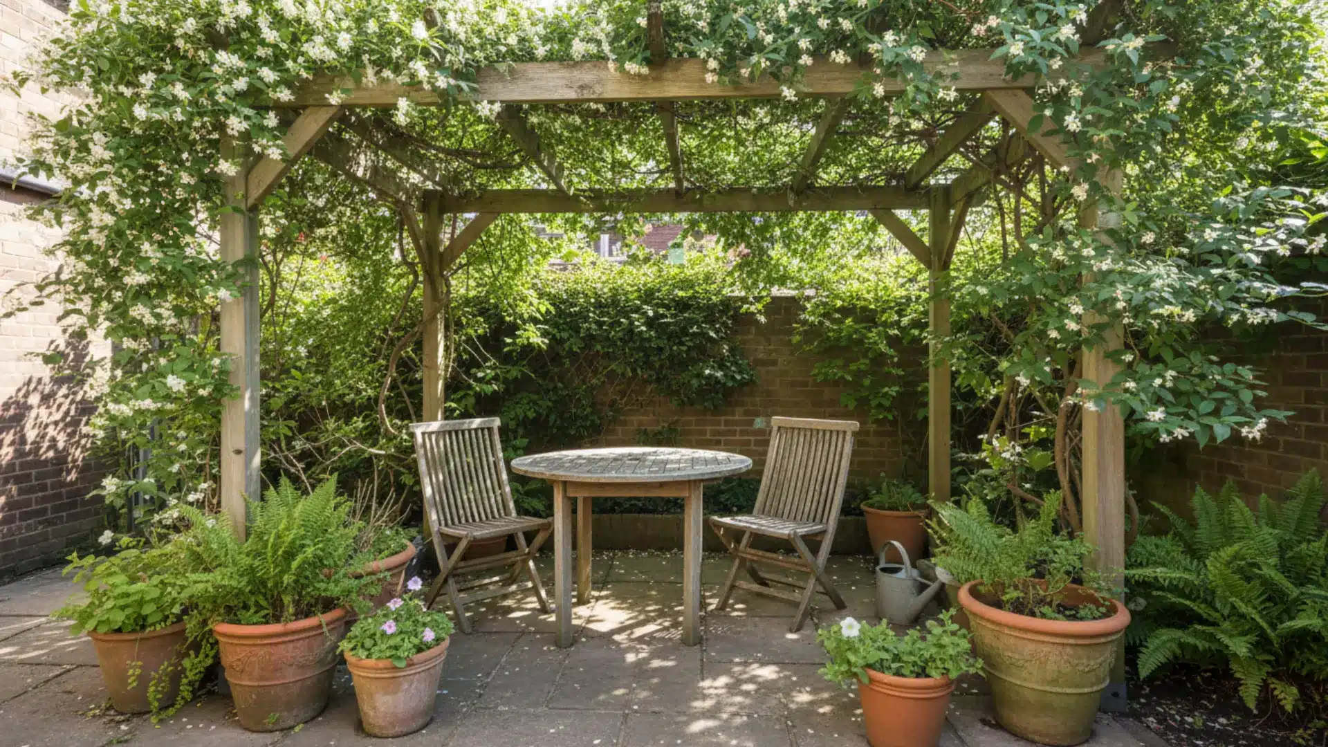 a small backyard patio under a wooden pergola covered in jasmine and wisteria climbing plants with dappled afternoon sunlight filtering through and simple seating below