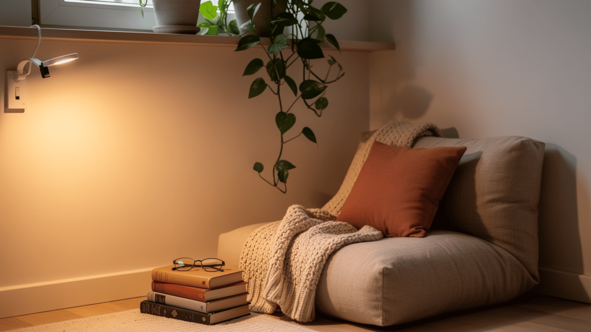 a small cosy reading corner with a large floor cushion chair a rust coloured pillow a chunky knit throw a stack of books and a clip on reading light beneath a trailing pothos plant