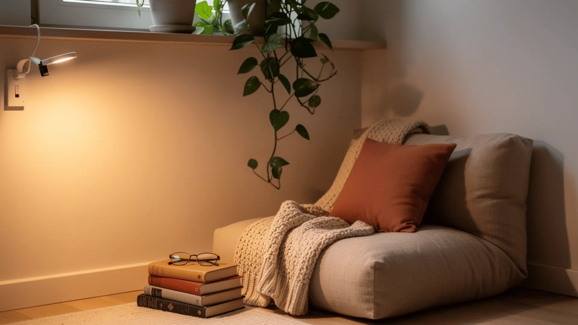 a small cosy reading corner with a large floor cushion chair a rust coloured pillow a chunky knit throw a stack of books and a clip on reading light beneath a trailing pothos plant
