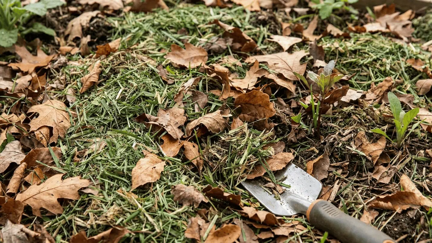 A small garden patch with young plants, fallen leaves, and a gardening trowel partially buried in soil.