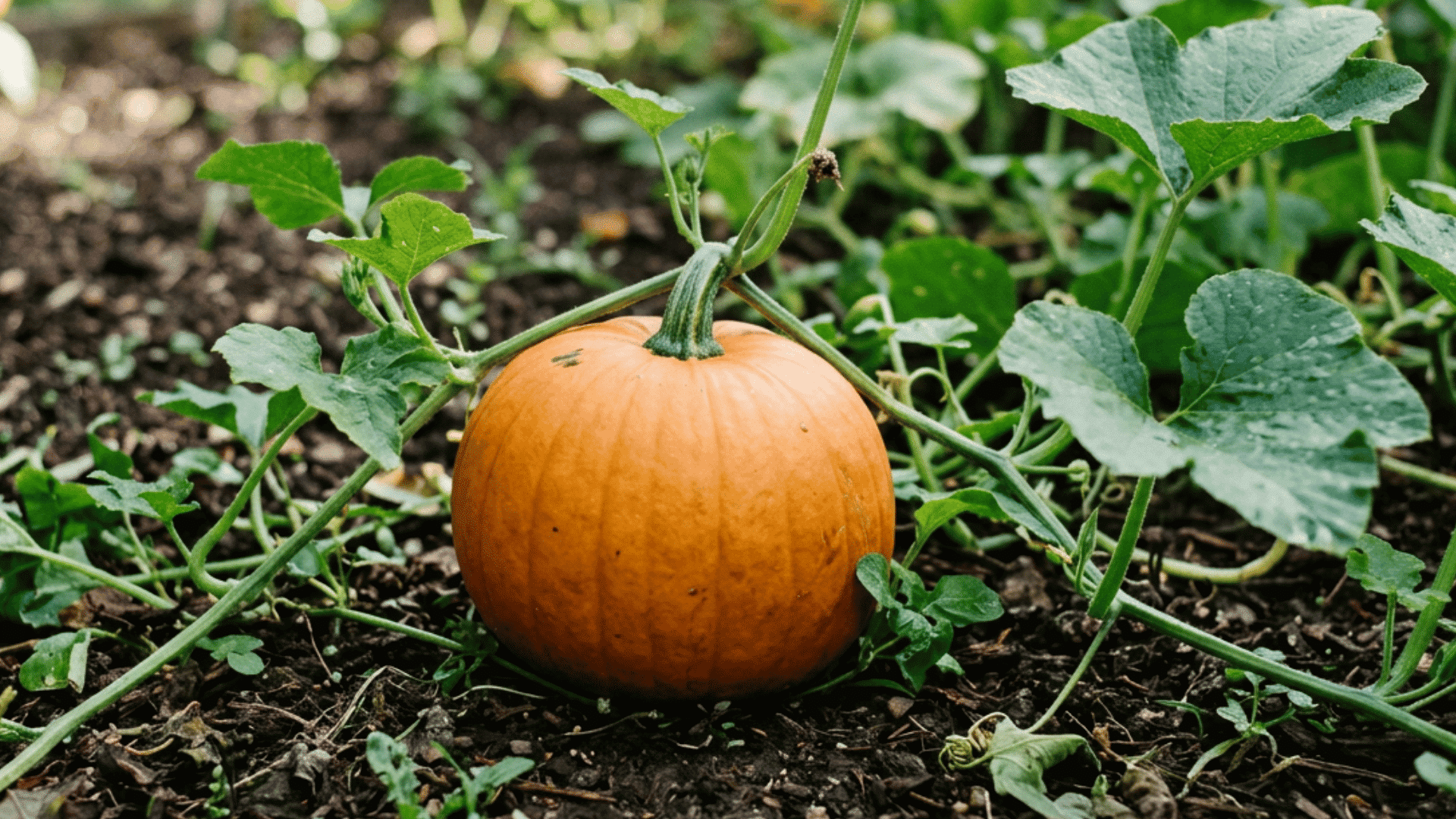 a small orange pumpkin growing on dark soil among green vines and broad leaves in a garden patch