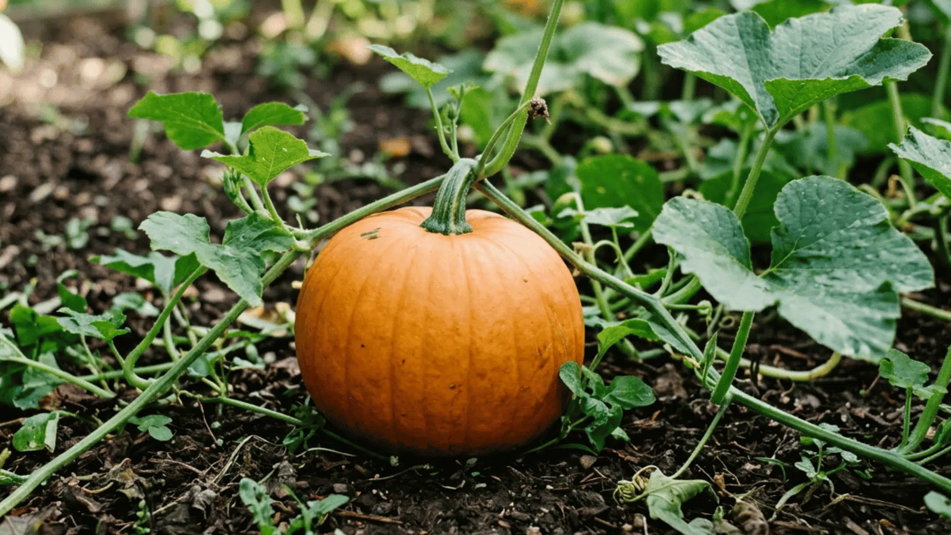 a small orange pumpkin growing on dark soil among green vines and broad leaves in a garden patch