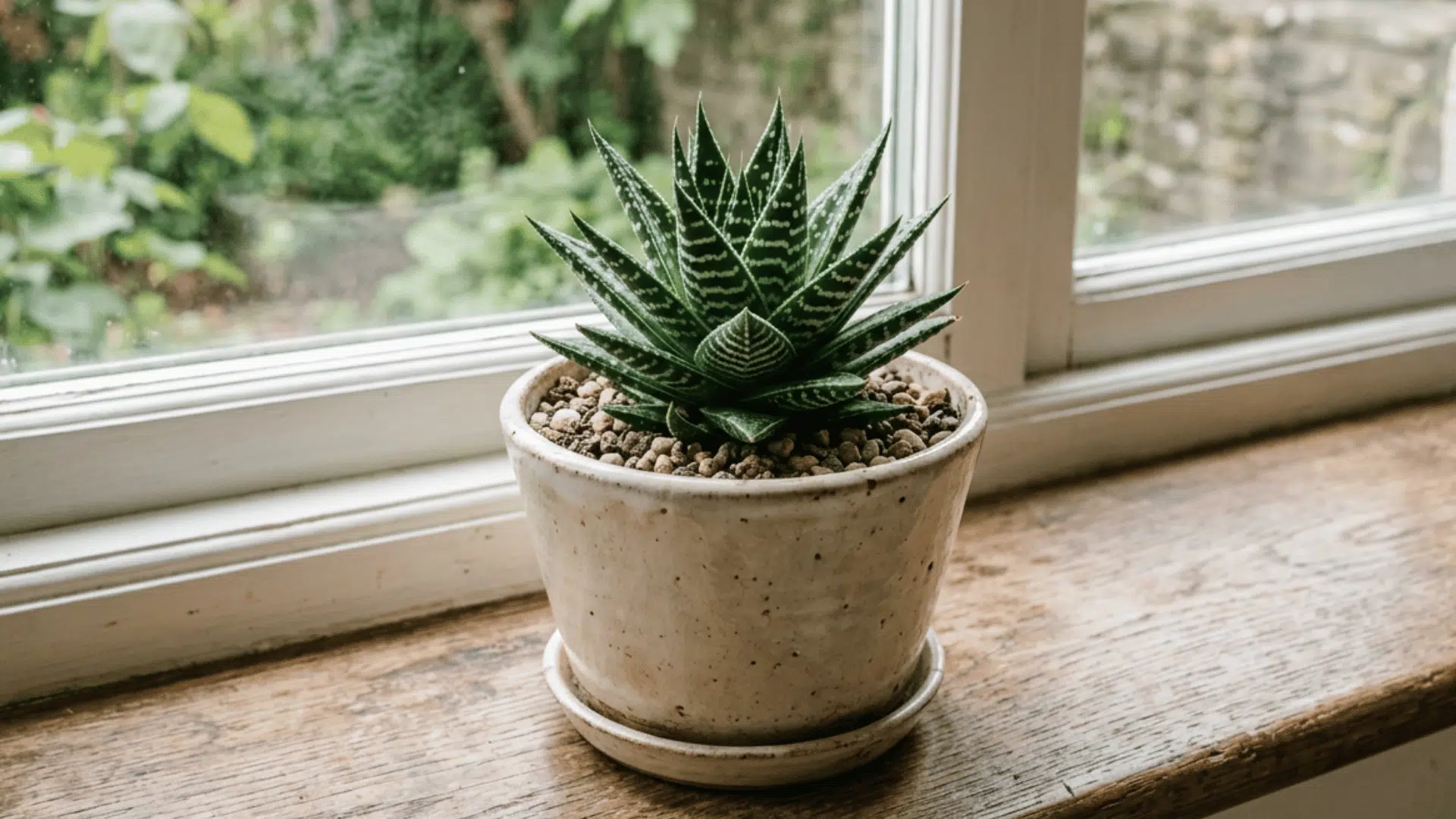 a small striped succulent in a white ceramic pot on a wooden windowsill with a garden view outside
