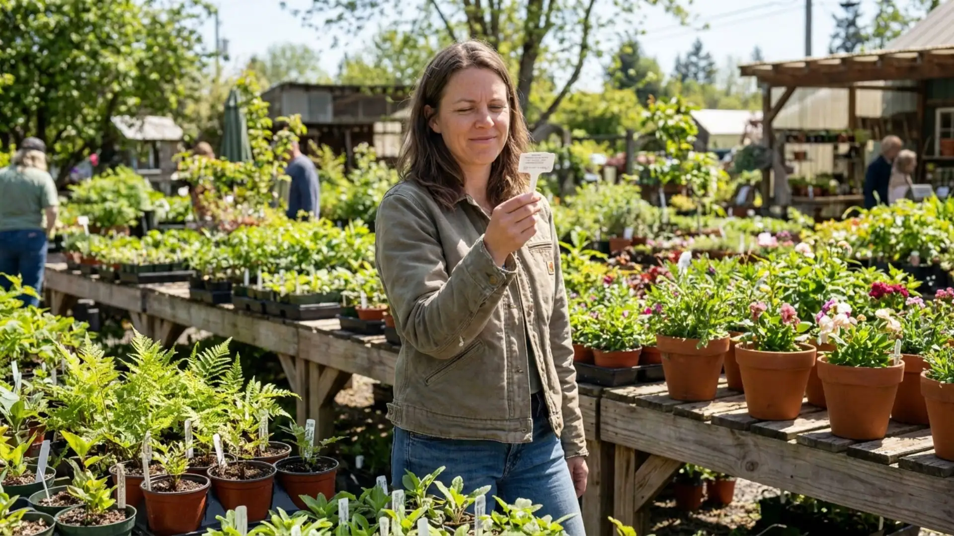 _A smiling woman in a green jacket holding a small plant label while standing in a sunny outdoor plant nursery filled with potted flowers (1)
