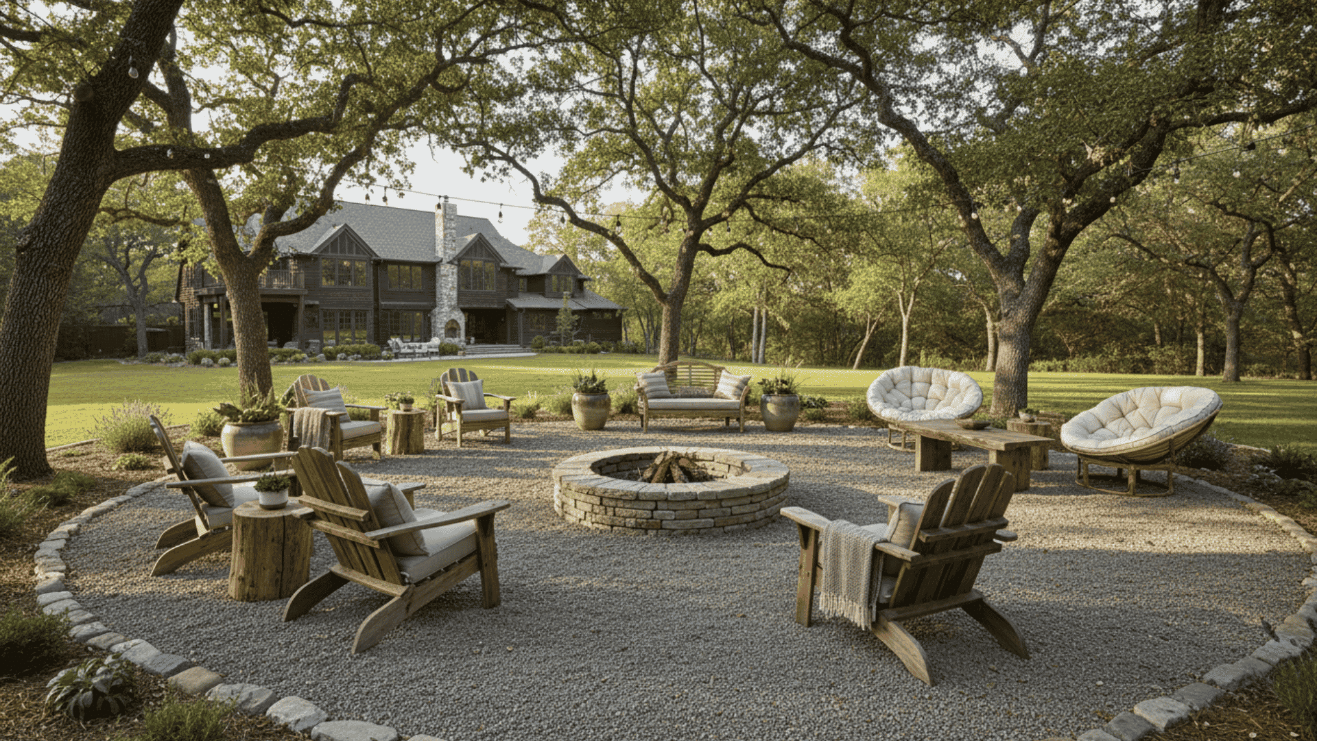 a spacious backyard patio with a circular stone fire pit surrounded by wooden chairs and cushioned seating under large trees
