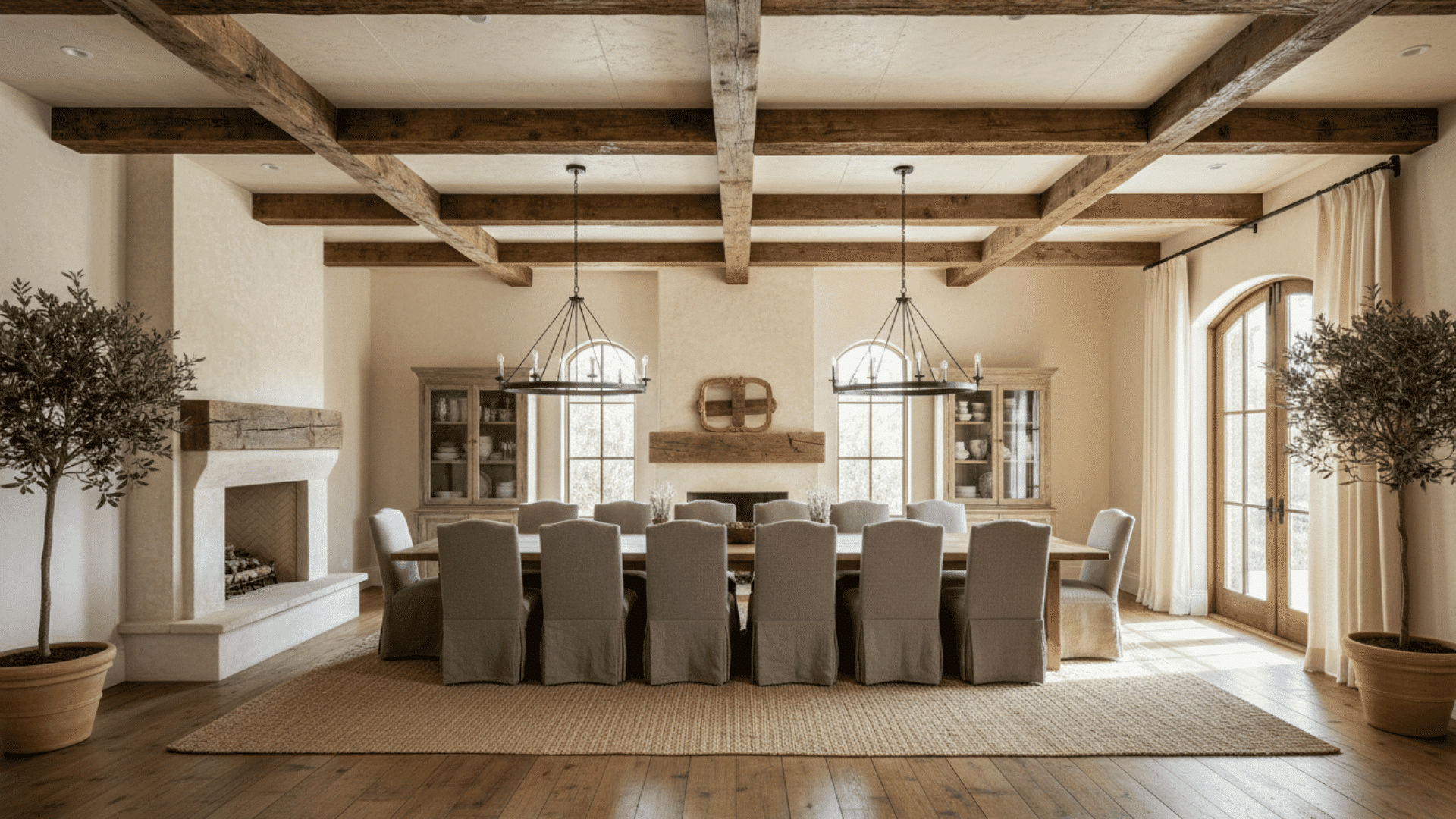 A spacious dining room with dark-stained exposed wooden beams against a neutral ceiling.