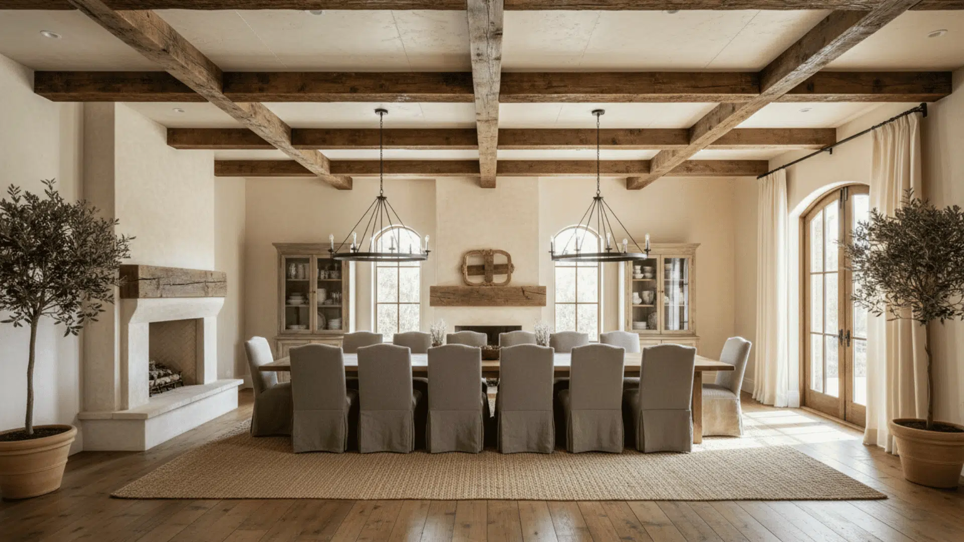 A spacious dining room with dark-stained exposed wooden beams against a neutral ceiling.