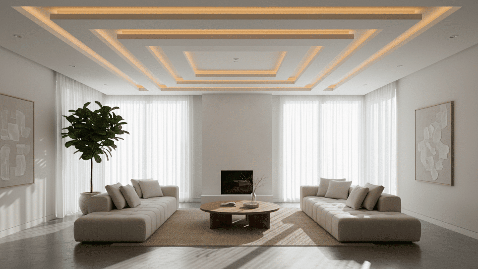A spacious living room with a multi-level false ceiling each recessed layer has integrated cove lighting.