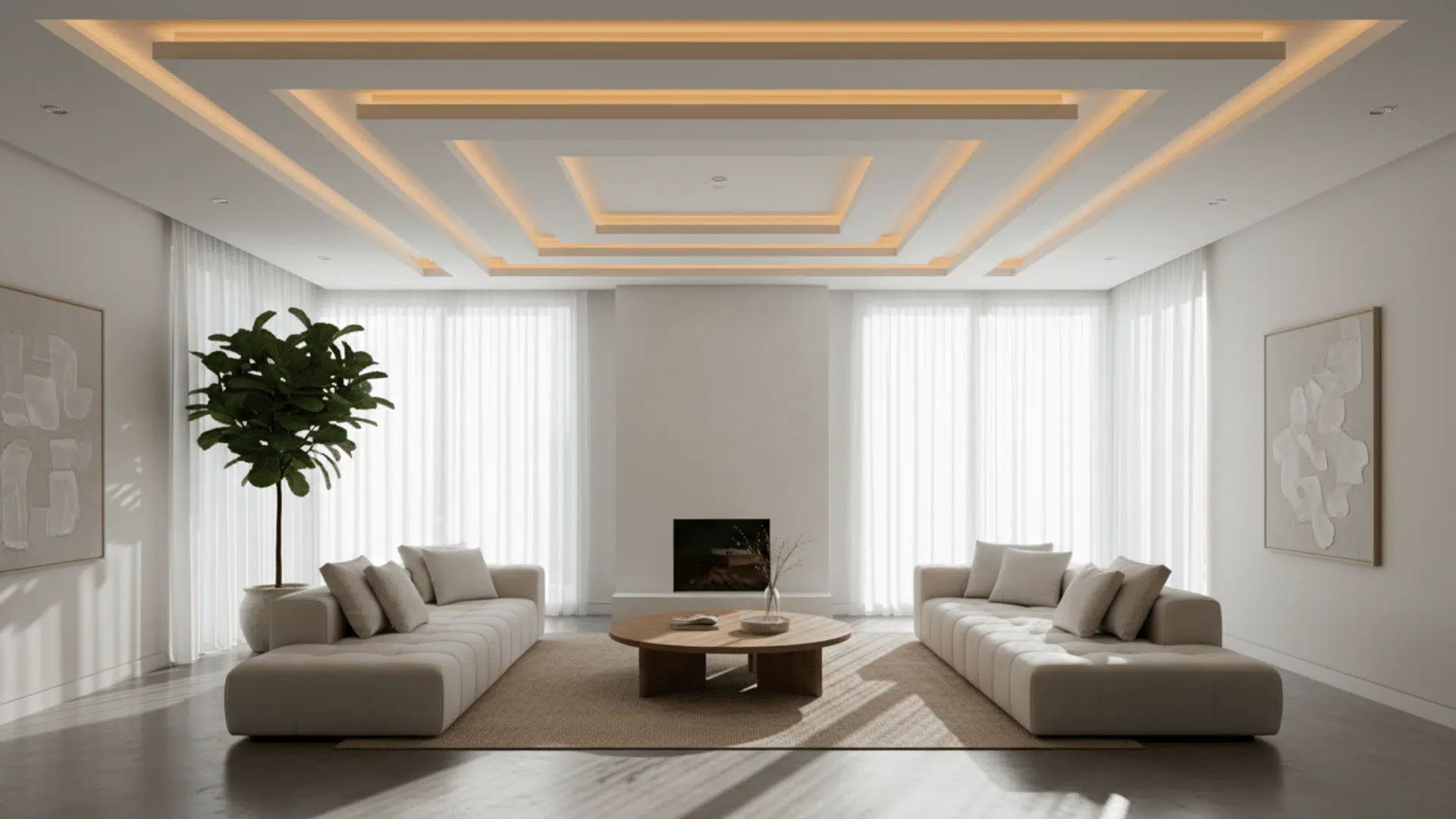 A spacious living room with a multi-level false ceiling each recessed layer has integrated cove lighting.