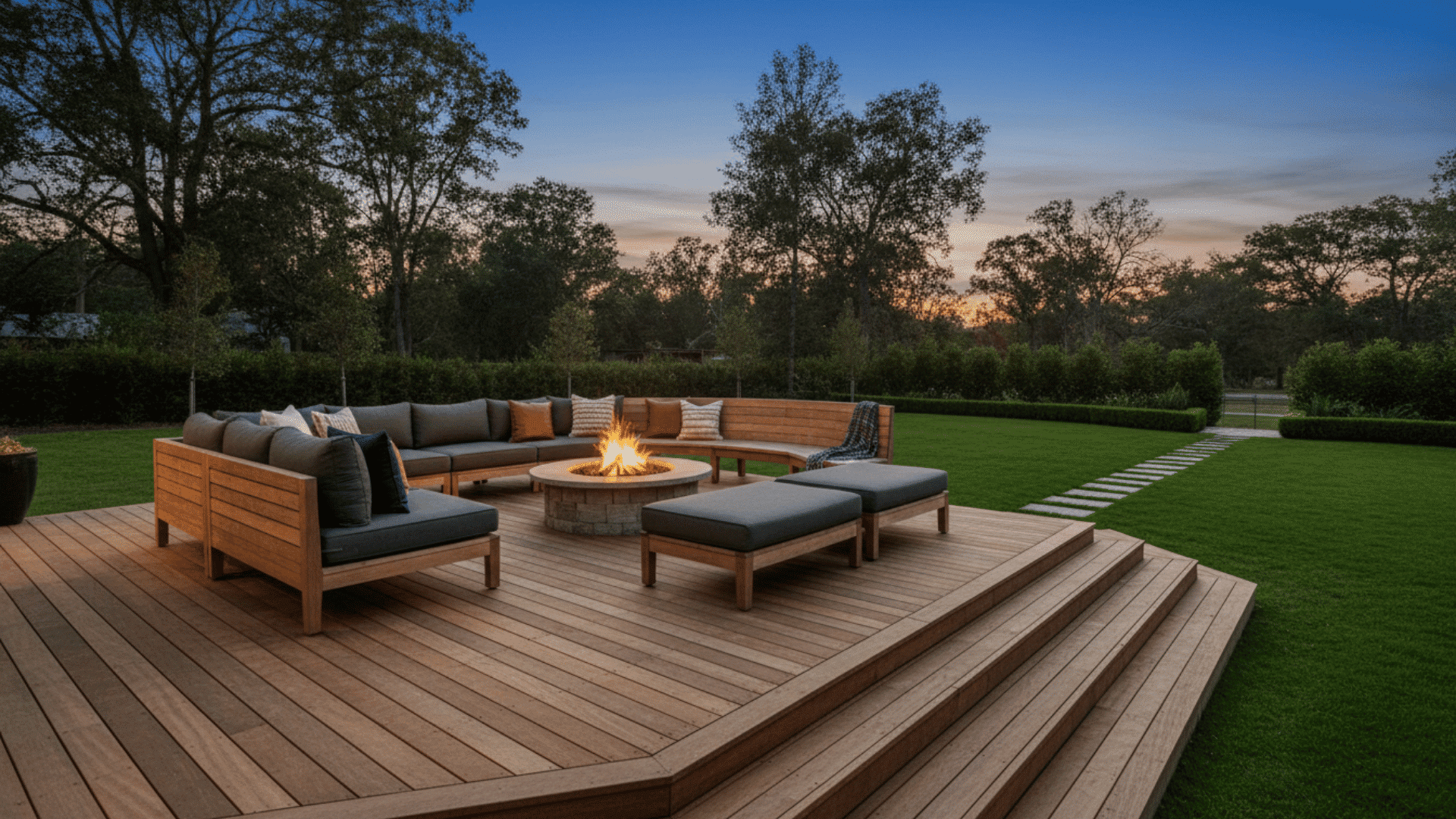 a spacious wooden deck with a circular fire pit surrounded by cushioned wooden seating and a green lawn at sunset