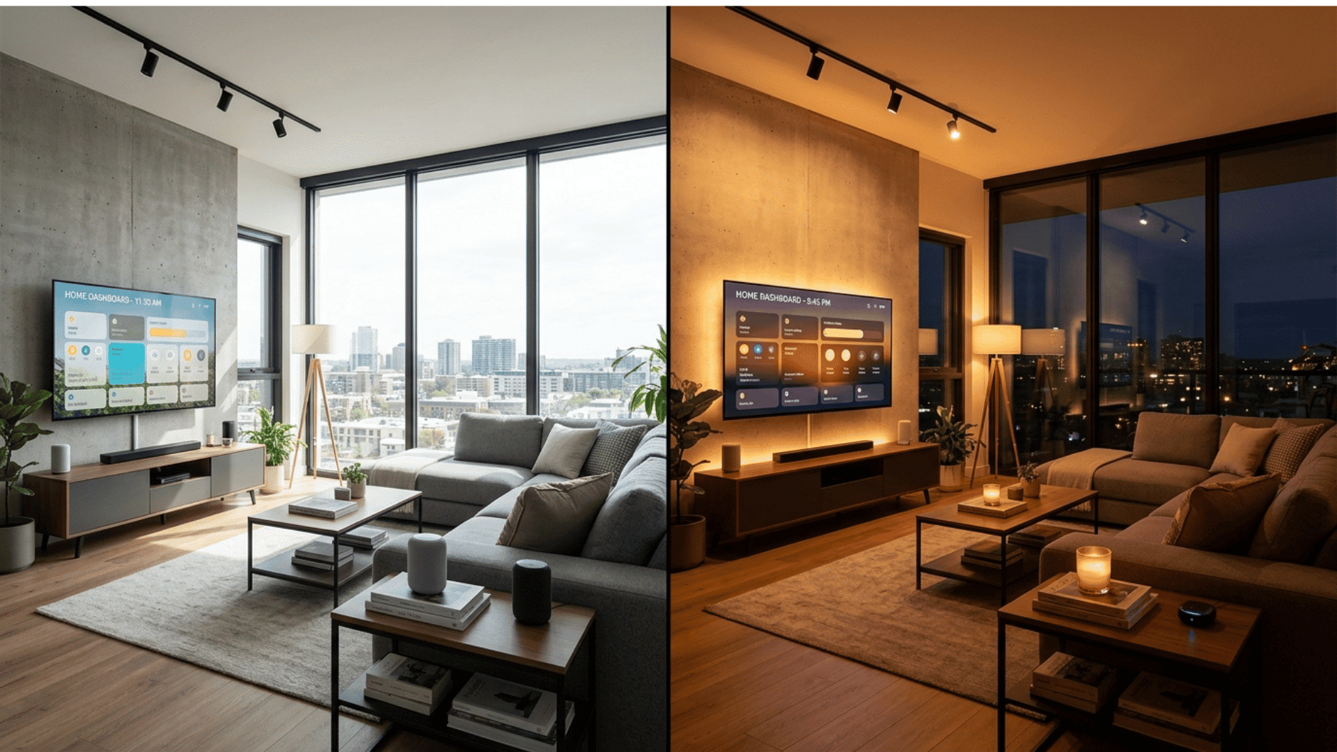 a split image showing the same modern living room in daytime with cool bright light on the left and at night with warm amber smart bulb lighting on the right