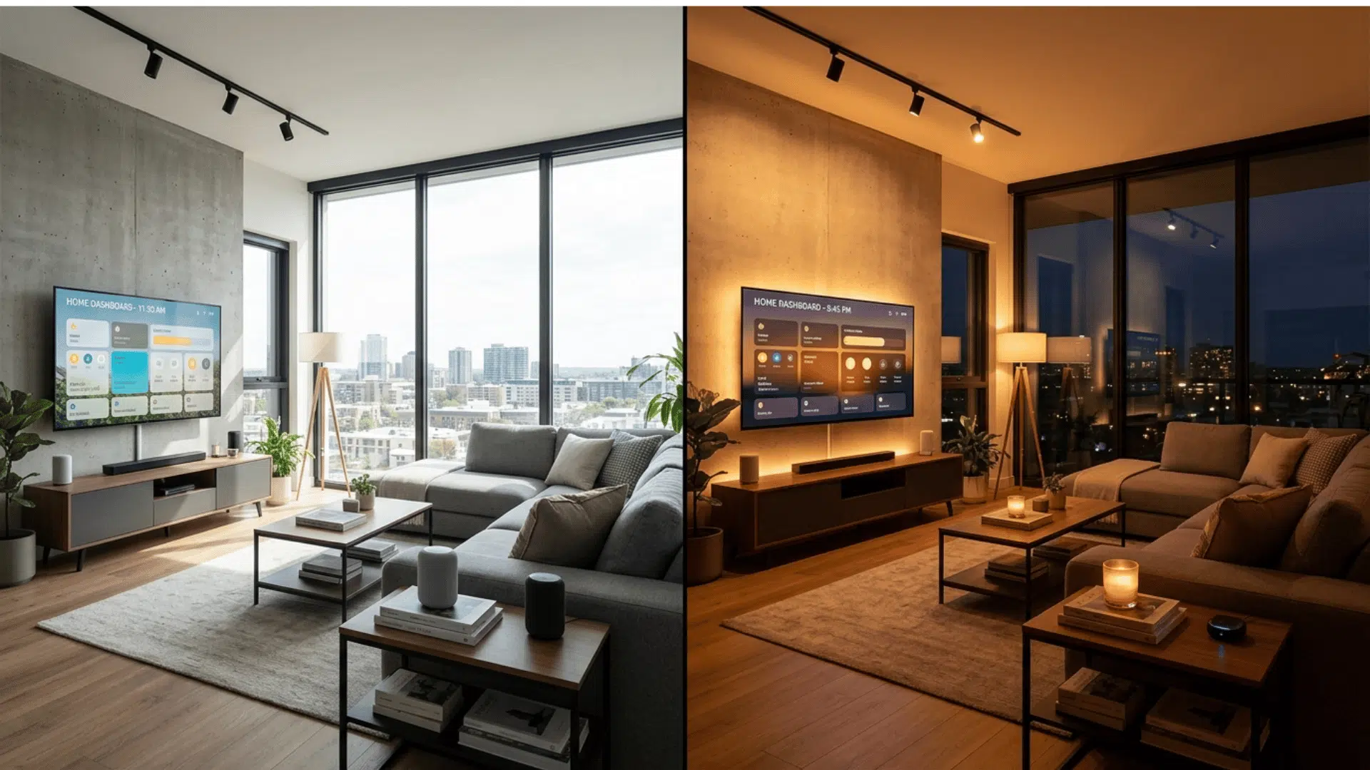 a split image showing the same modern living room in daytime with cool bright light on the left and at night with warm amber smart bulb lighting on the right