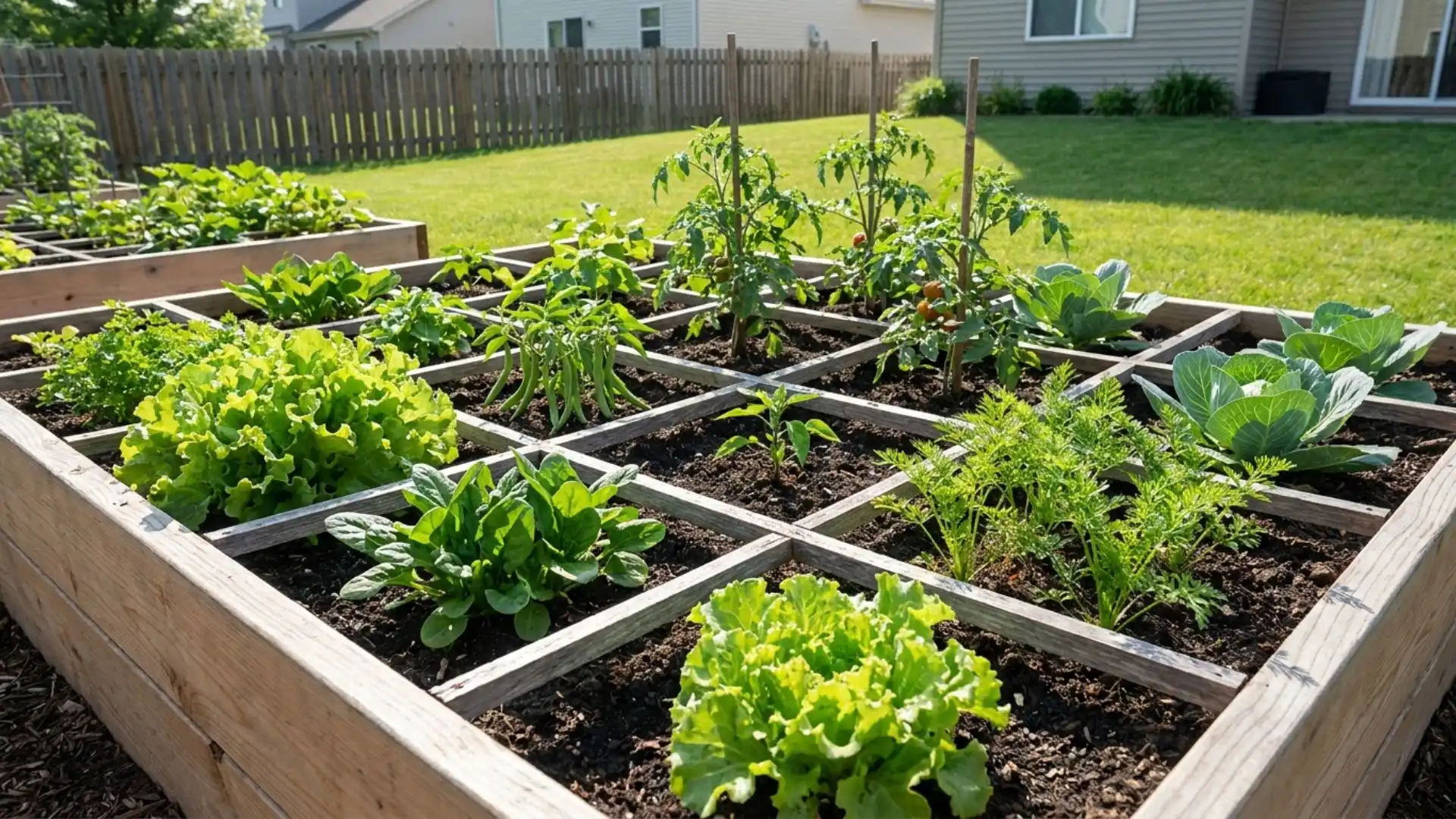 A square foot gardening wooden raised bed filled with various thriving vegetables like lettuce, spinach, and tomatoes