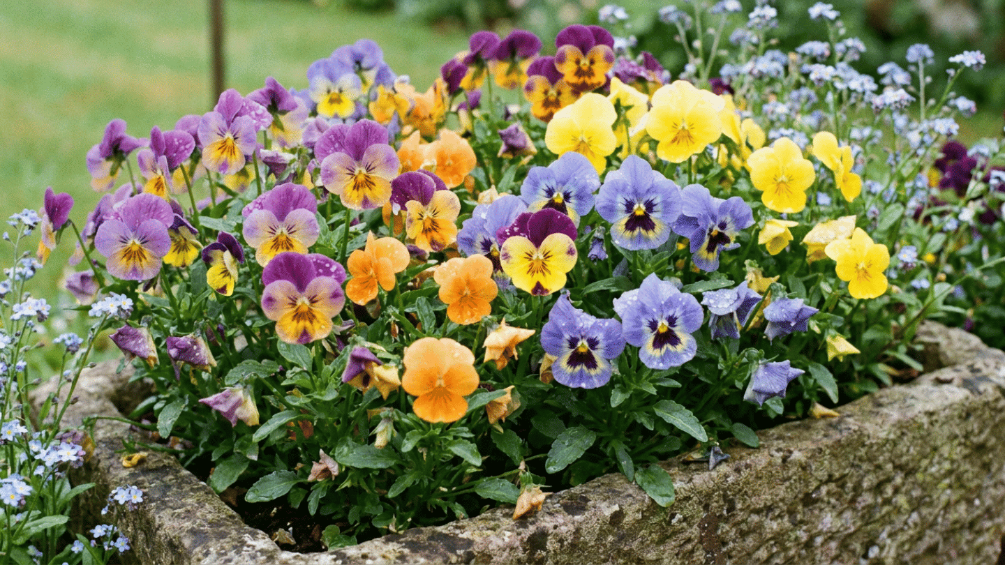 a stone garden planter filled with blooming purple yellow and orange pansy flowers beside delicate blue blossoms