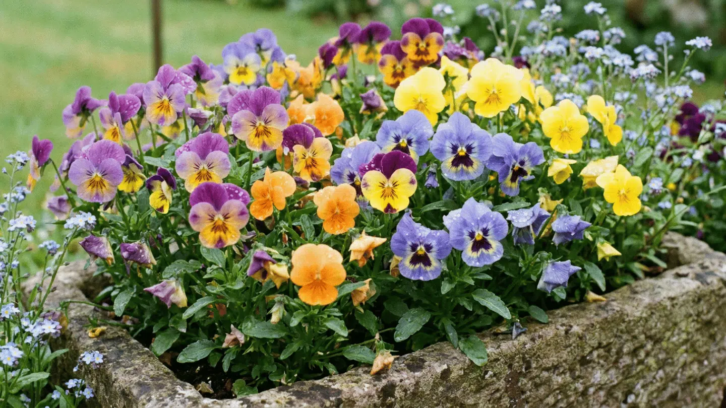 a stone garden planter filled with blooming purple yellow and orange pansy flowers beside delicate blue blossoms