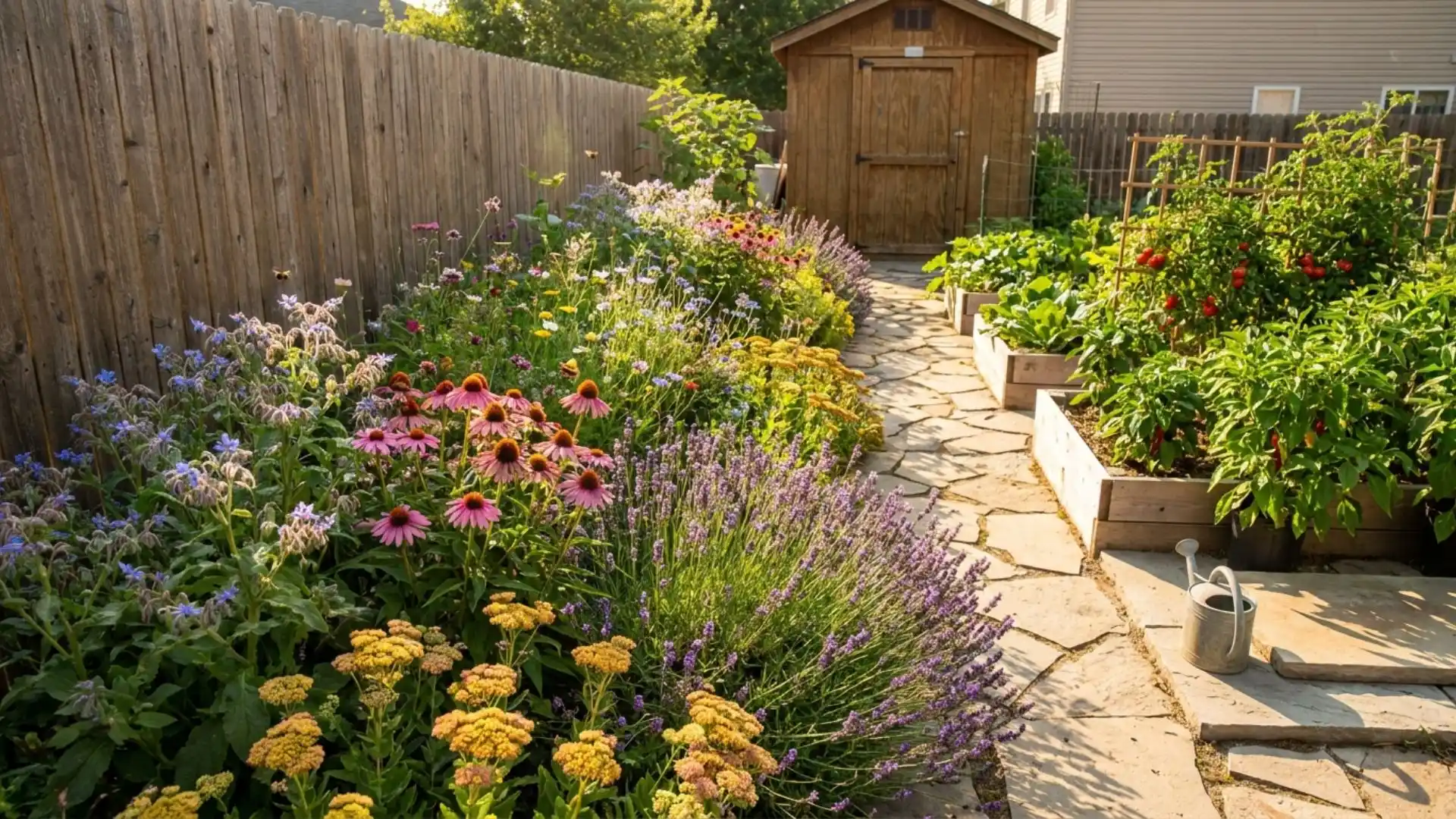 A stone path winding through a backyard garden with a colorful border of wildflowers and raised vegetable beds leading to a wooden shed