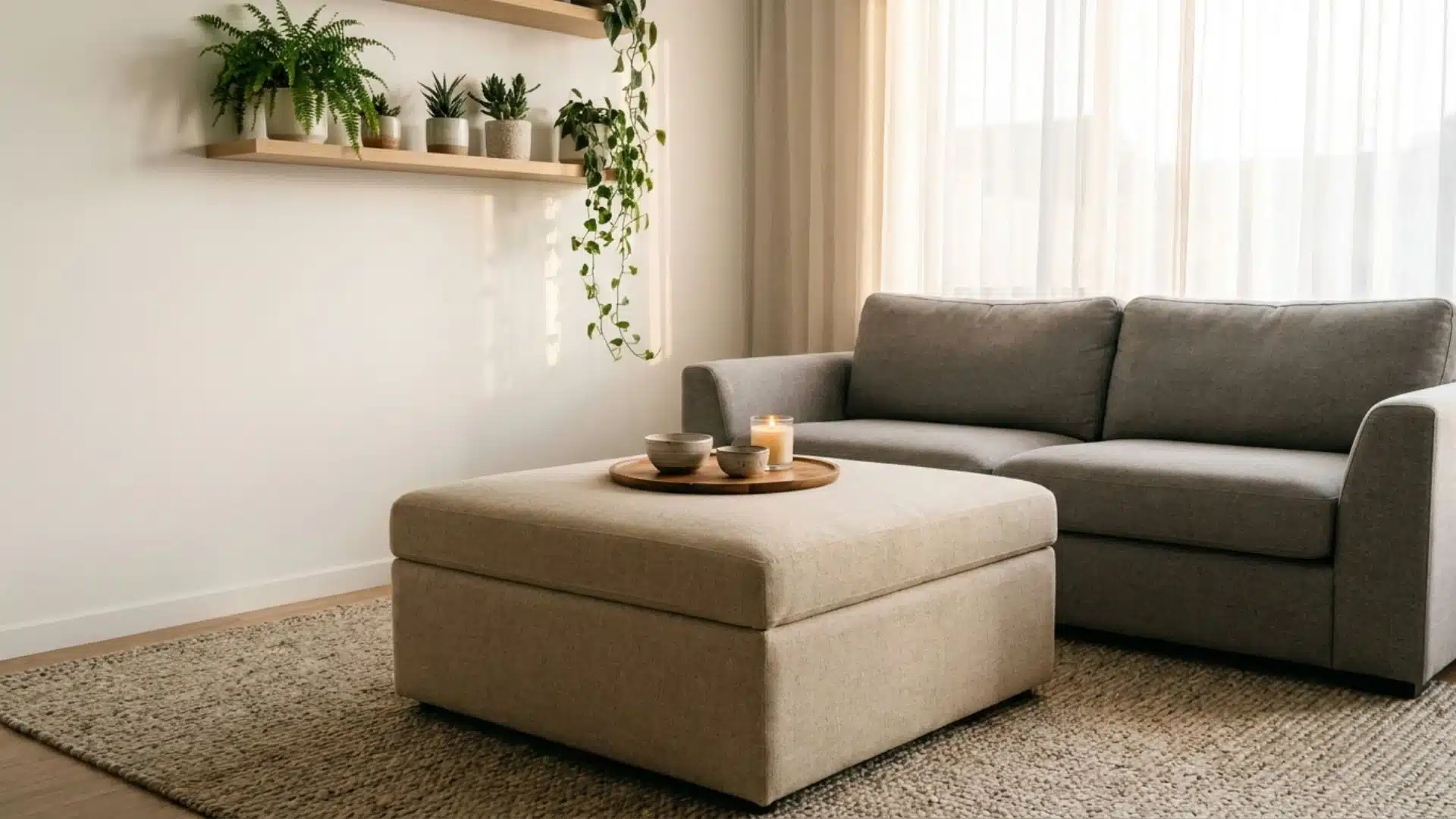 large square storage ottoman used as a coffee table in a soft neutral living room with gray sofa and natural light