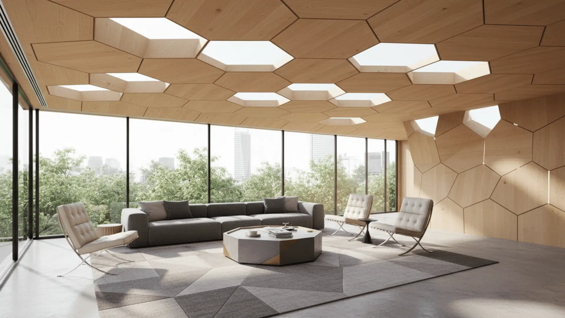 A stylish living room with angular and hexagonal ceiling panels. Precise geometric shapes and clean edges