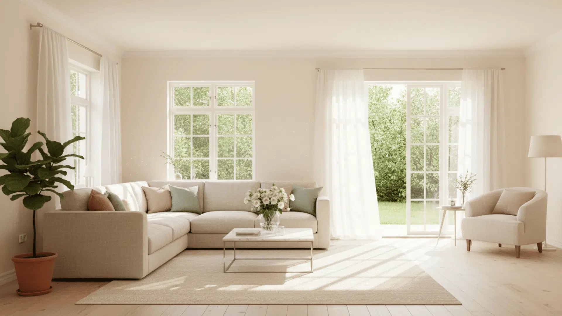 a sunlit living room with a beige sectional sofa white curtains potted plant armchair coffee table and garden view