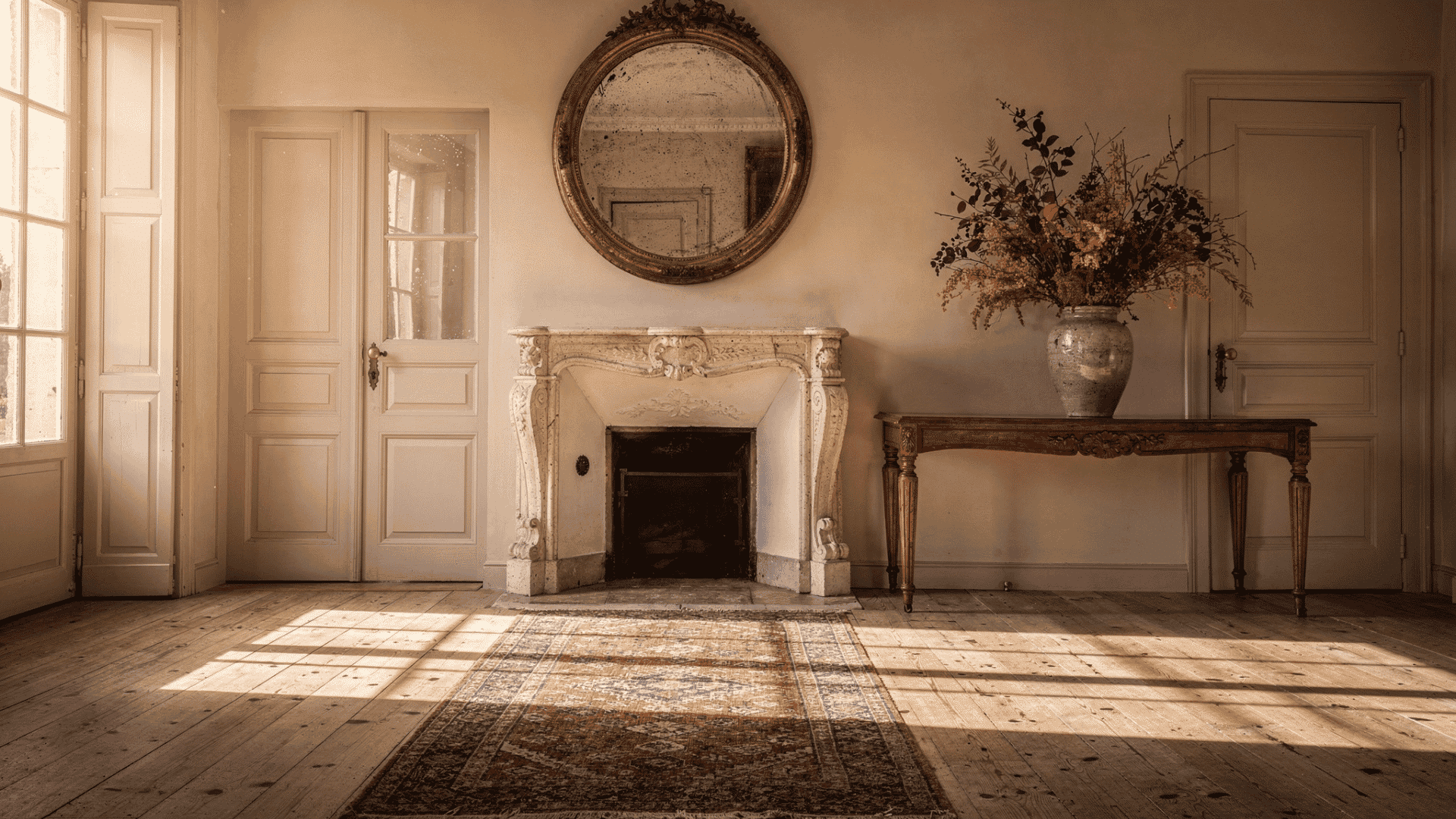 a sunlit room with a fireplace an ornate mirror a vase of dried flowers on a console table and two doors