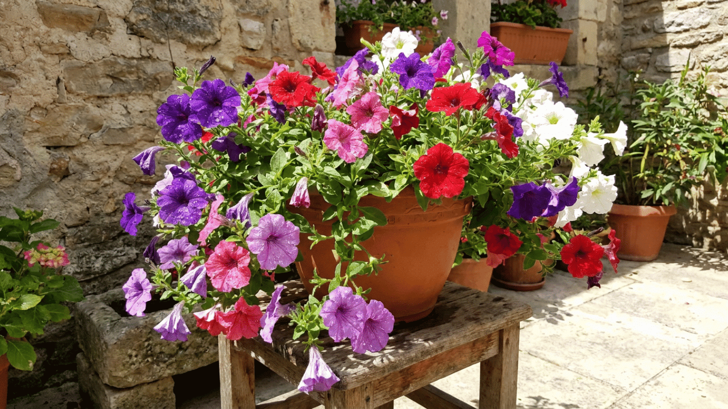 a terracotta pot filled with colorful petunia flowers on a wooden table beside a rustic stone courtyard wall