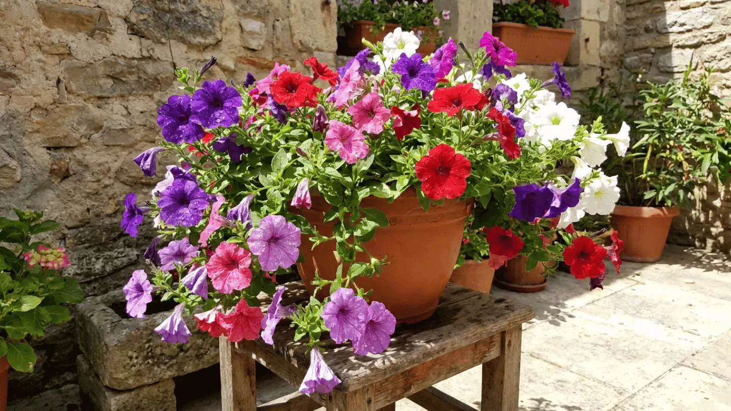 a terracotta pot filled with colorful petunia flowers on a wooden table beside a rustic stone courtyard wall