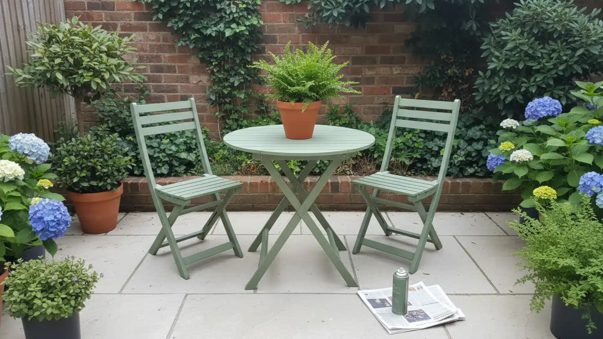 a thrifted wooden table and two chairs spray painted green with outdoor cushions on a small stone patio with a potted plant in soft natural daylight
