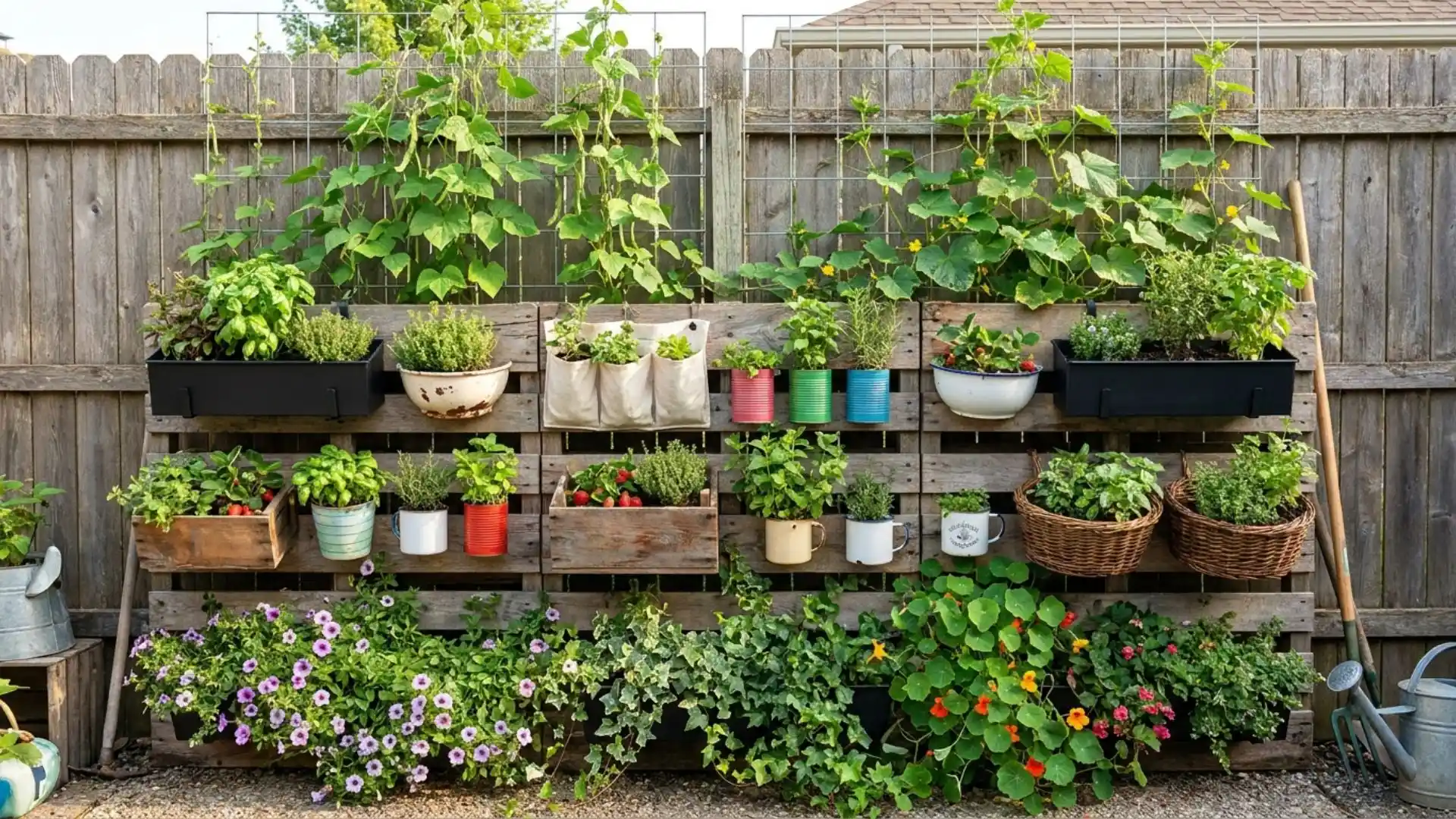 A vertical garden made from a wooden pallet holding various potted plants, herbs, and climbing vines against a fence