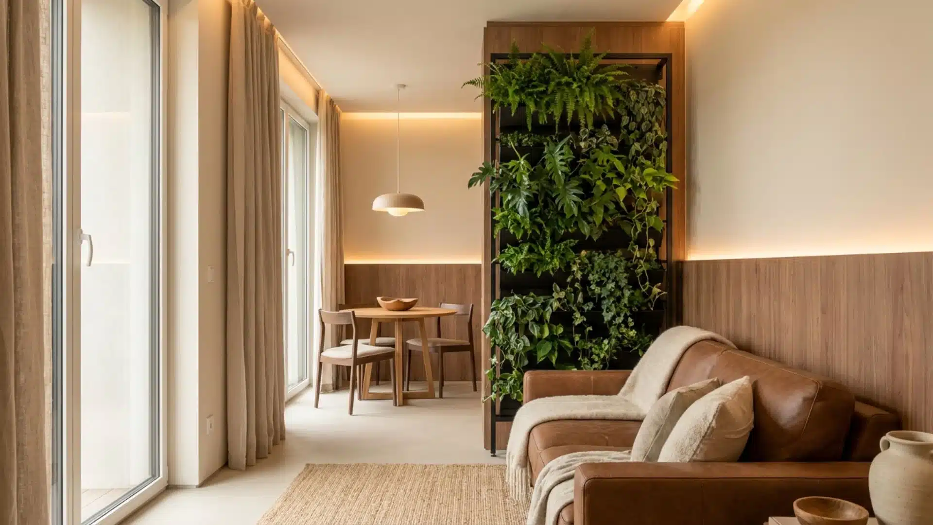 a vertical indoor garden wall beside a leather sofa adds greenery to a warm modern apartment interior