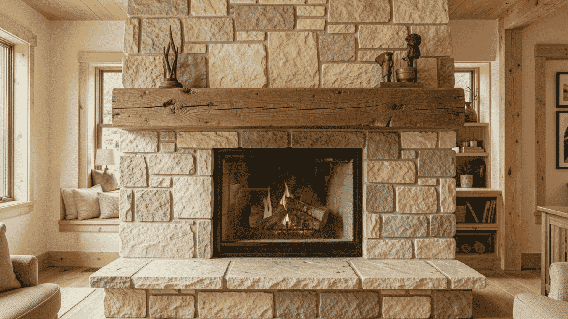 _a warm cabin style living room with a full surround and chimney breast clad in rough cut natural fieldstone a thick reclaimed wood beam mantel and a raised stone hearth with a fire burning inside