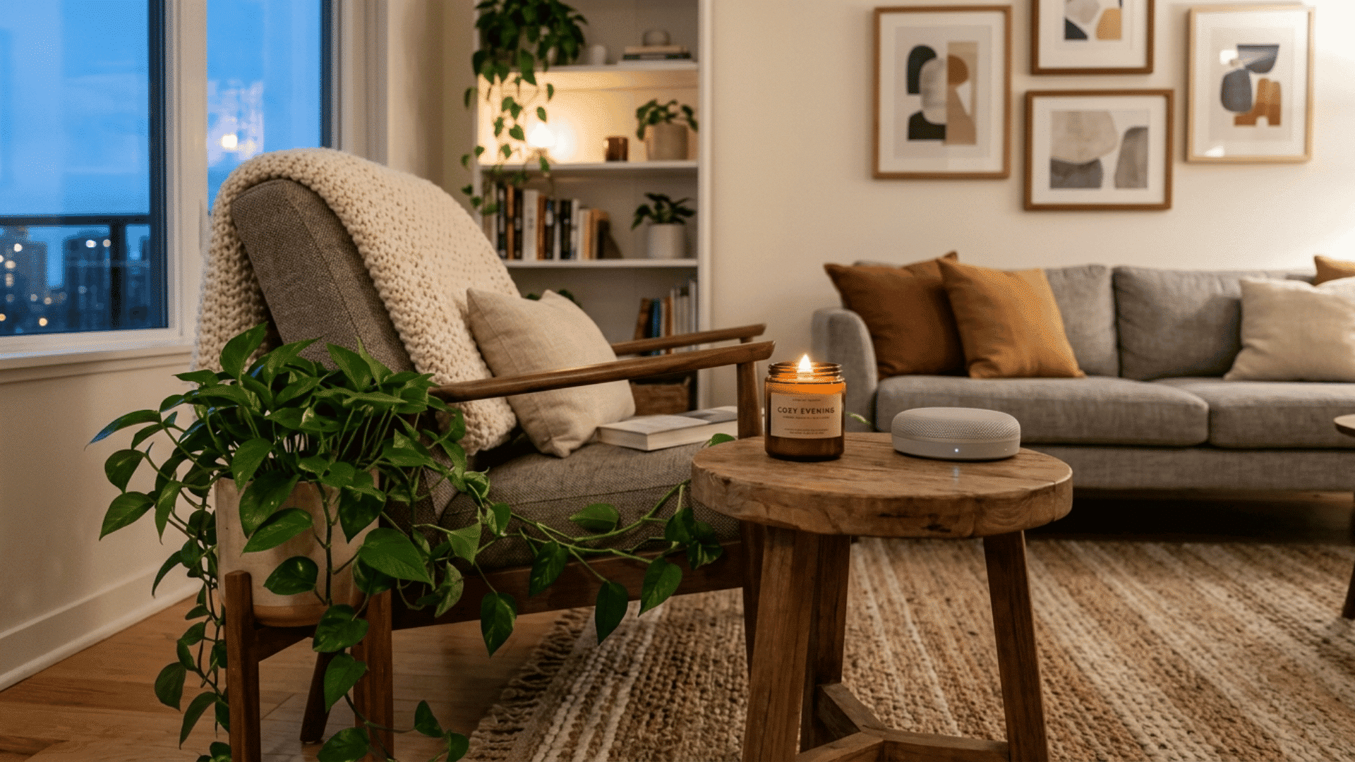 a warm evening living room with a wooden armchair a trailing pothos plant a lit candle and a smart speaker on a round wooden side table with gallery wall art and a grey sofa behind