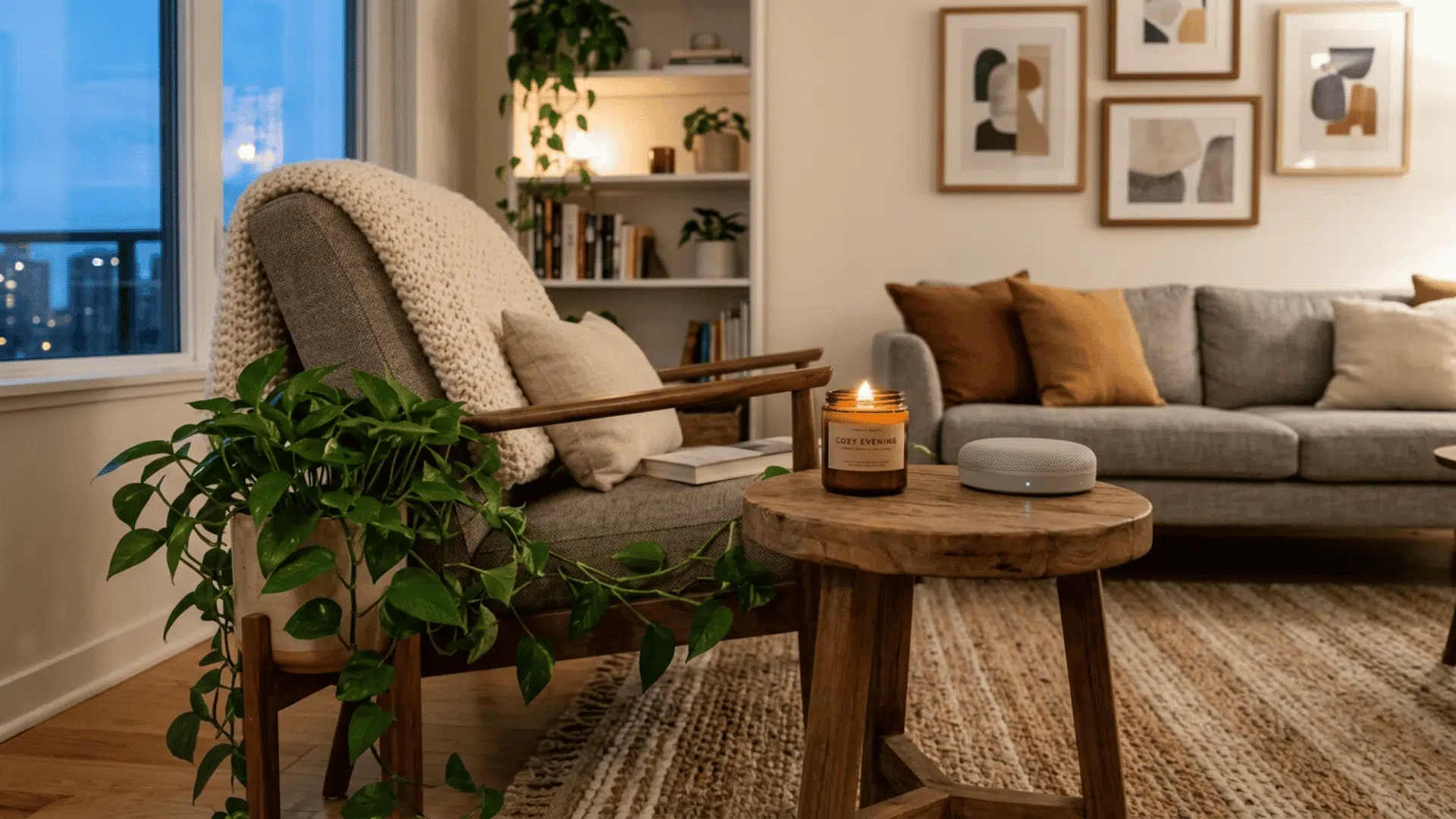 a warm evening living room with a wooden armchair a trailing pothos plant a lit candle and a smart speaker on a round wooden side table with gallery wall art and a grey sofa behind