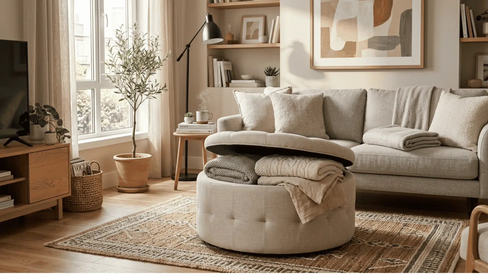 a warm living room with a round tufted ottoman open to reveal folded blankets inside next to a grey sofa with cushions and a patterned jute rug