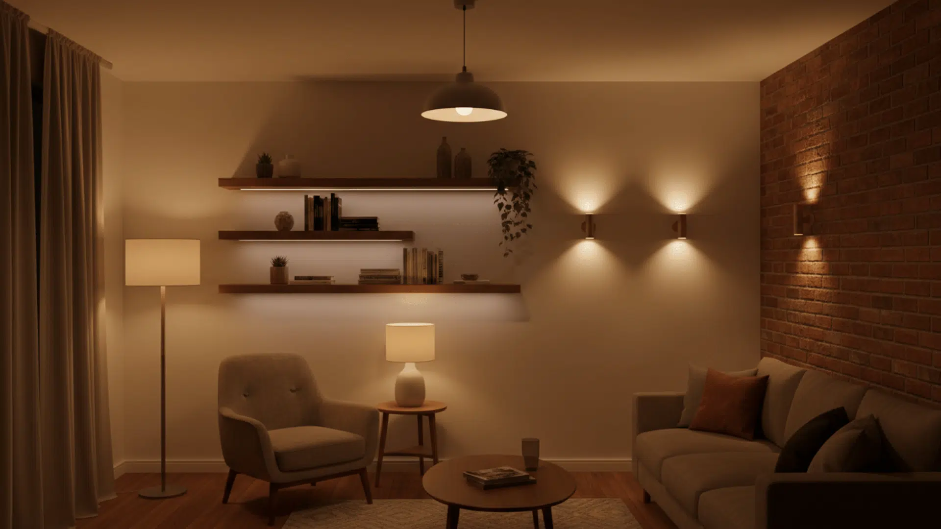 a warm living room with brick wall soft lighting beige sofa armchair wooden shelves floor lamp and round coffee table