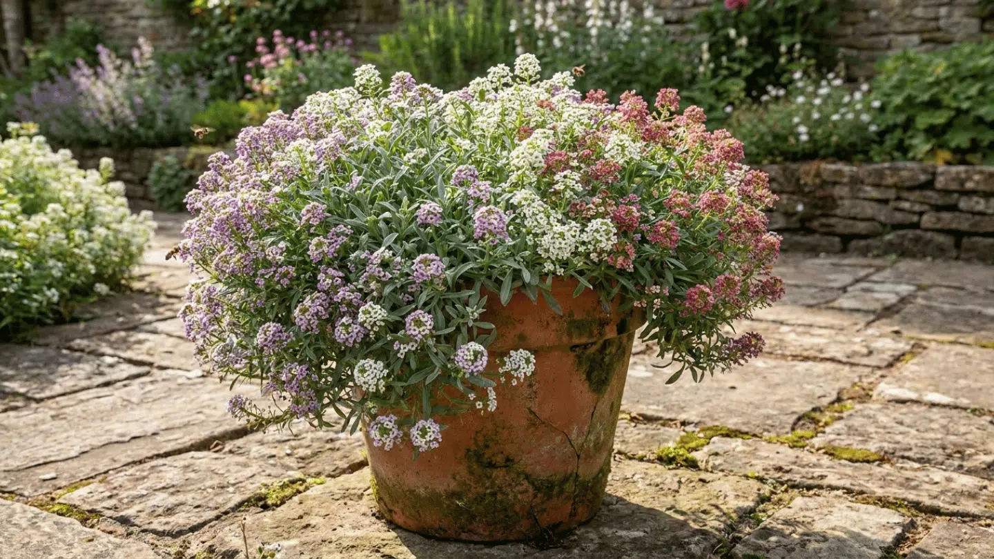 a weathered terracotta pot overflowing with tiny pink white and lavender flowers on a stone garden patio