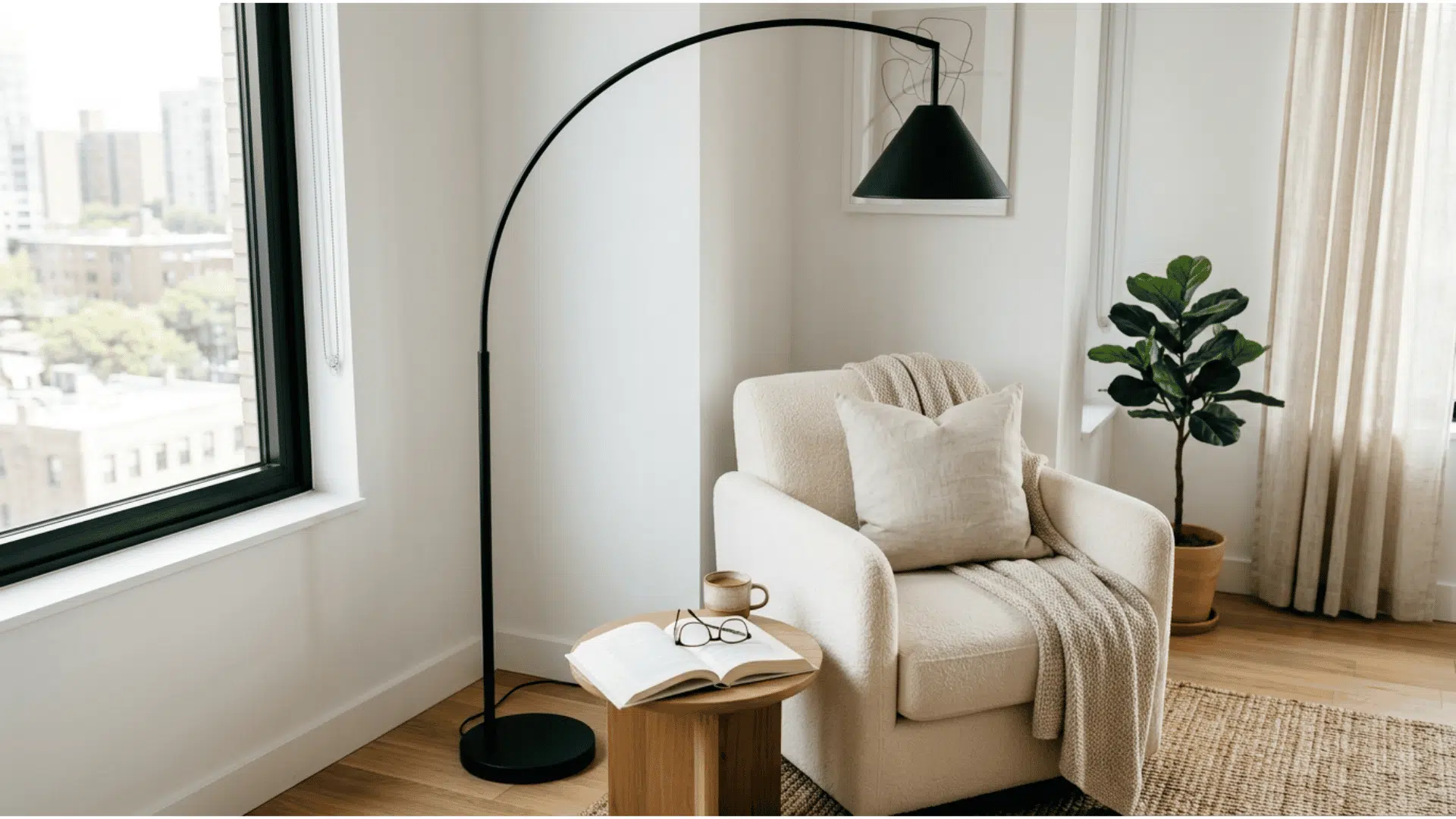 a white boucle armchair next to a wooden side table with an open book and coffee mug under a tall black arched floor lamp beside a bright city window with a fiddle leaf fig