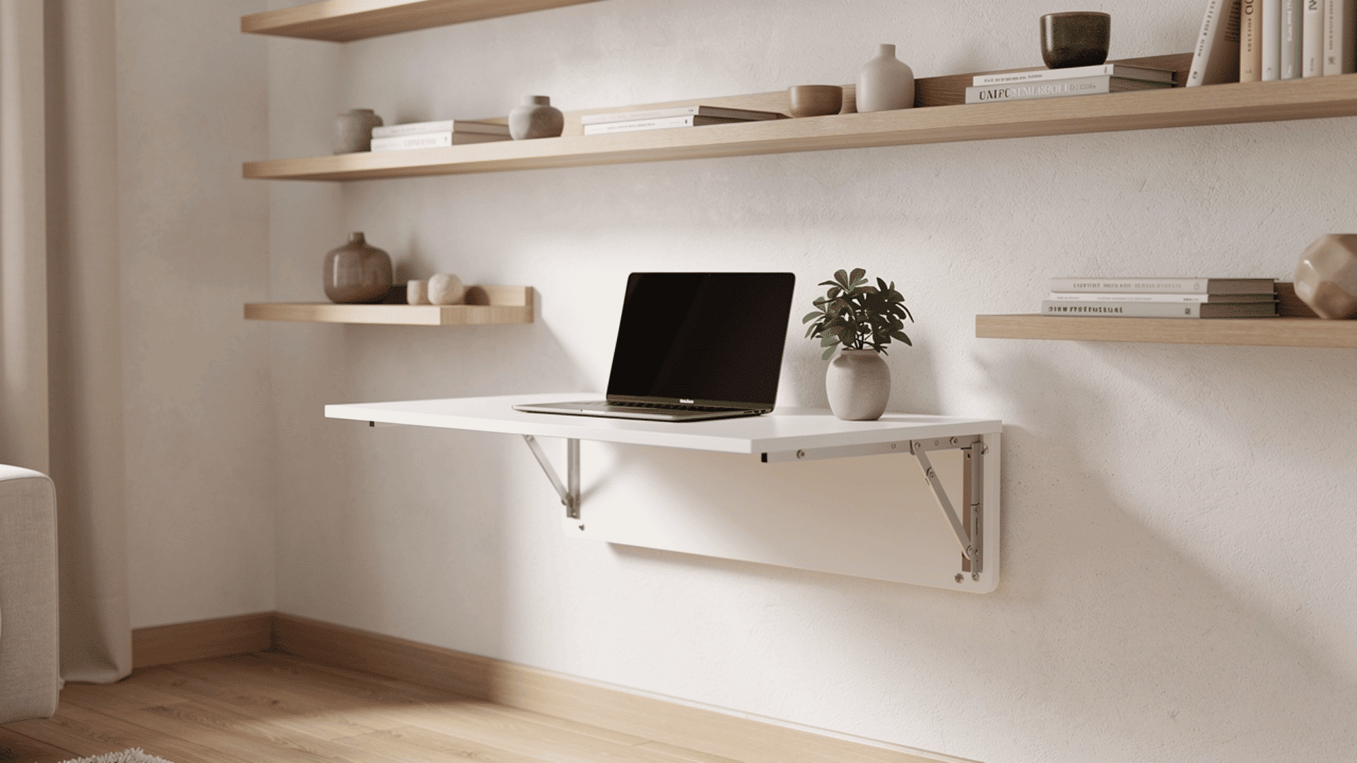 a white fold out wall mounted desk with a laptop and small plant on it surrounded by floating wooden shelves with books and ceramic vases