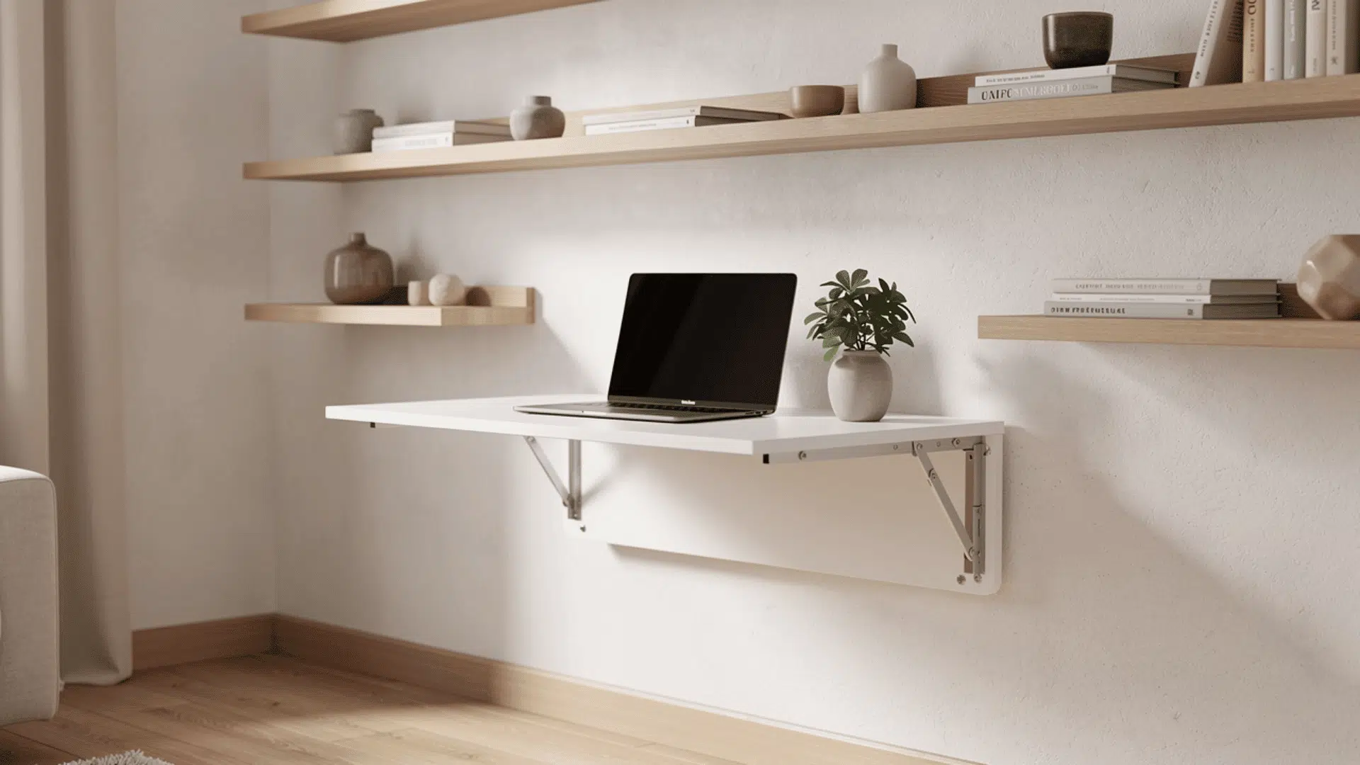 a white fold out wall mounted desk with a laptop and small plant on it surrounded by floating wooden shelves with books and ceramic vases